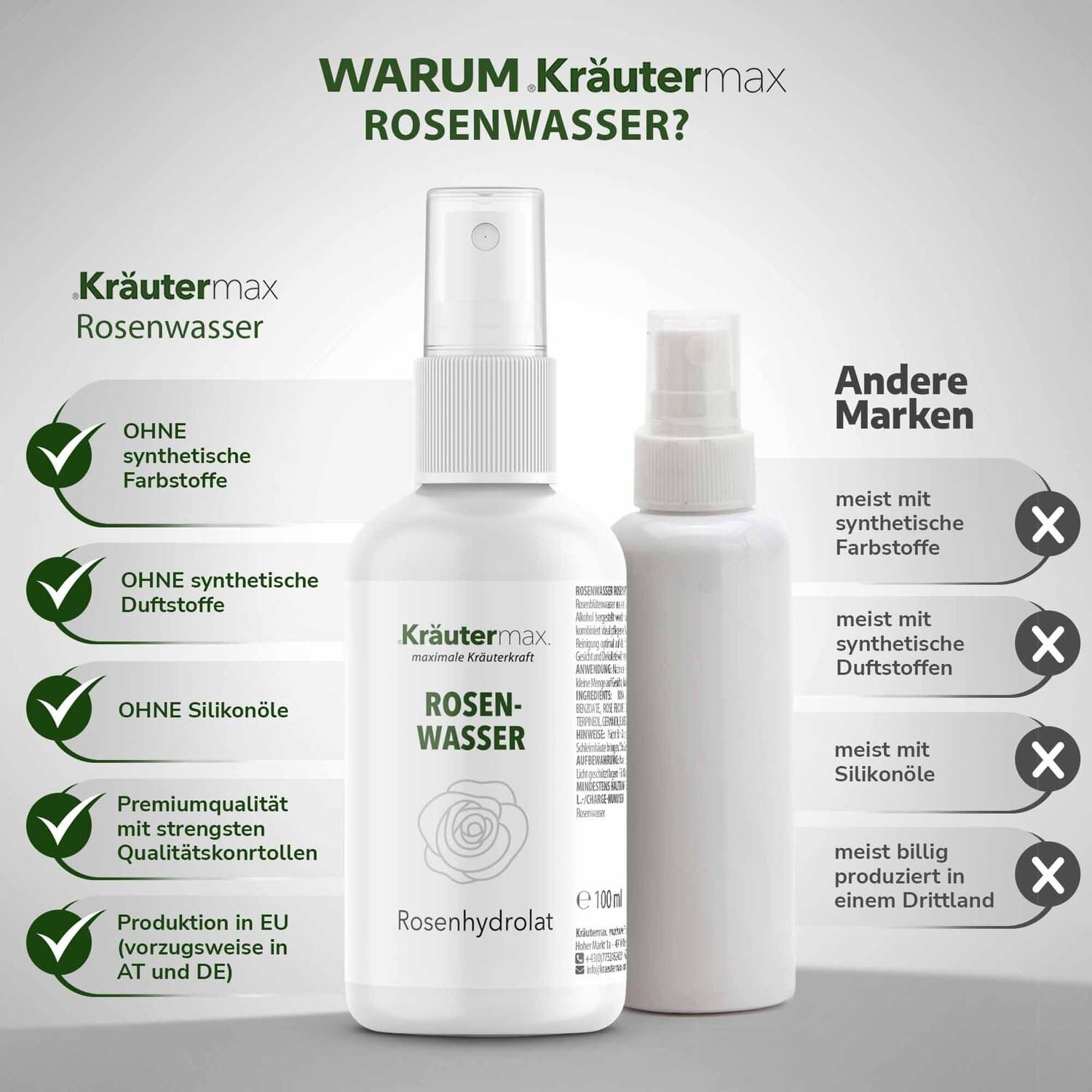 Weiße Sprühflasche mit Rosenwasser-Etikett neben einer leeren Flasche. Kräutermax. Ohne synthetische Farbstoffe.