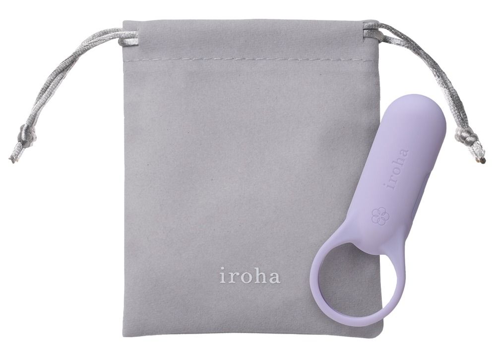 Lila Vibrator mit Ring und grauer Aufbewahrungstasche. Marke iroha.