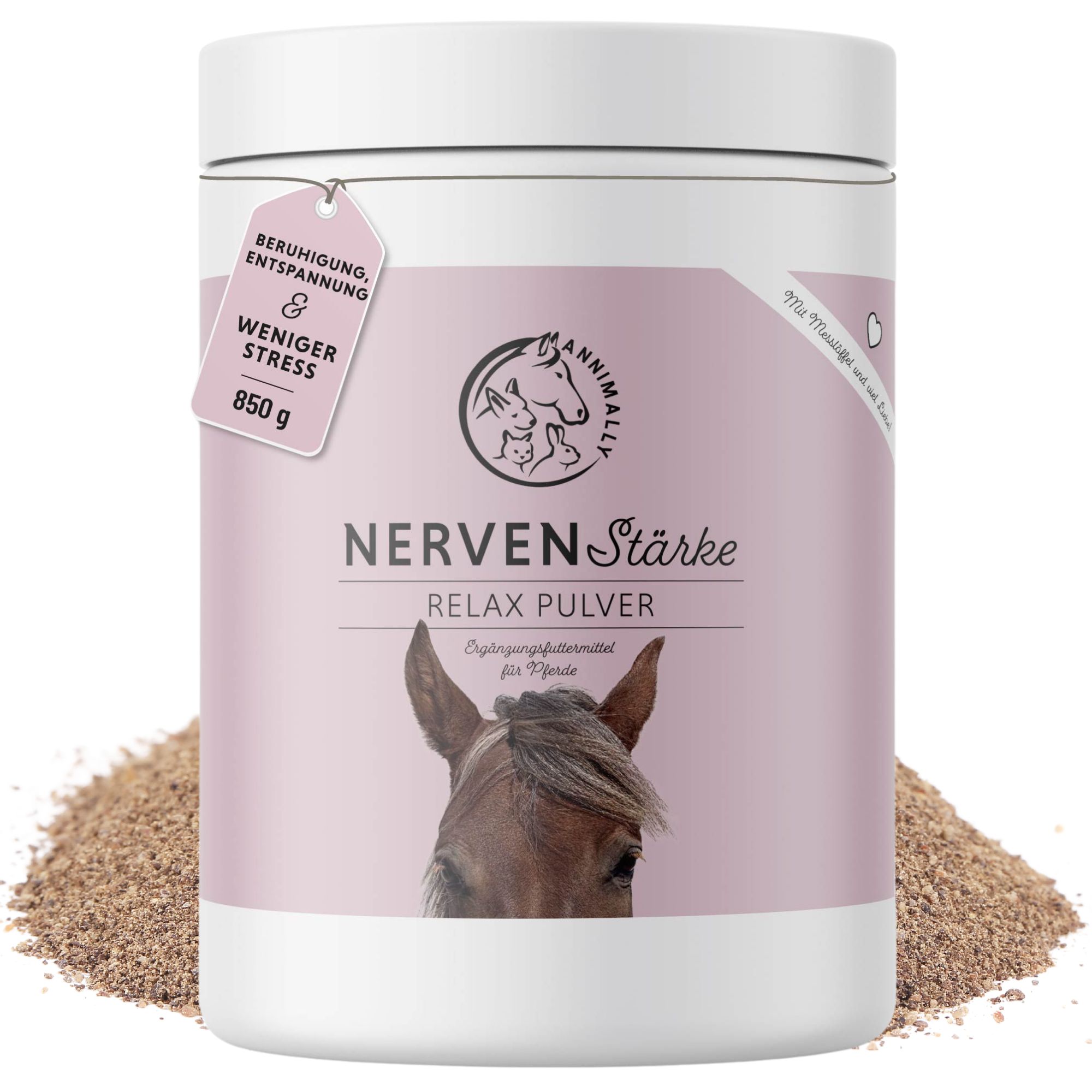 Produktbehälter mit Text: Nervenstärke Relax Pulver, 850 g. Anhänger: Beruhigung & weniger Stress.