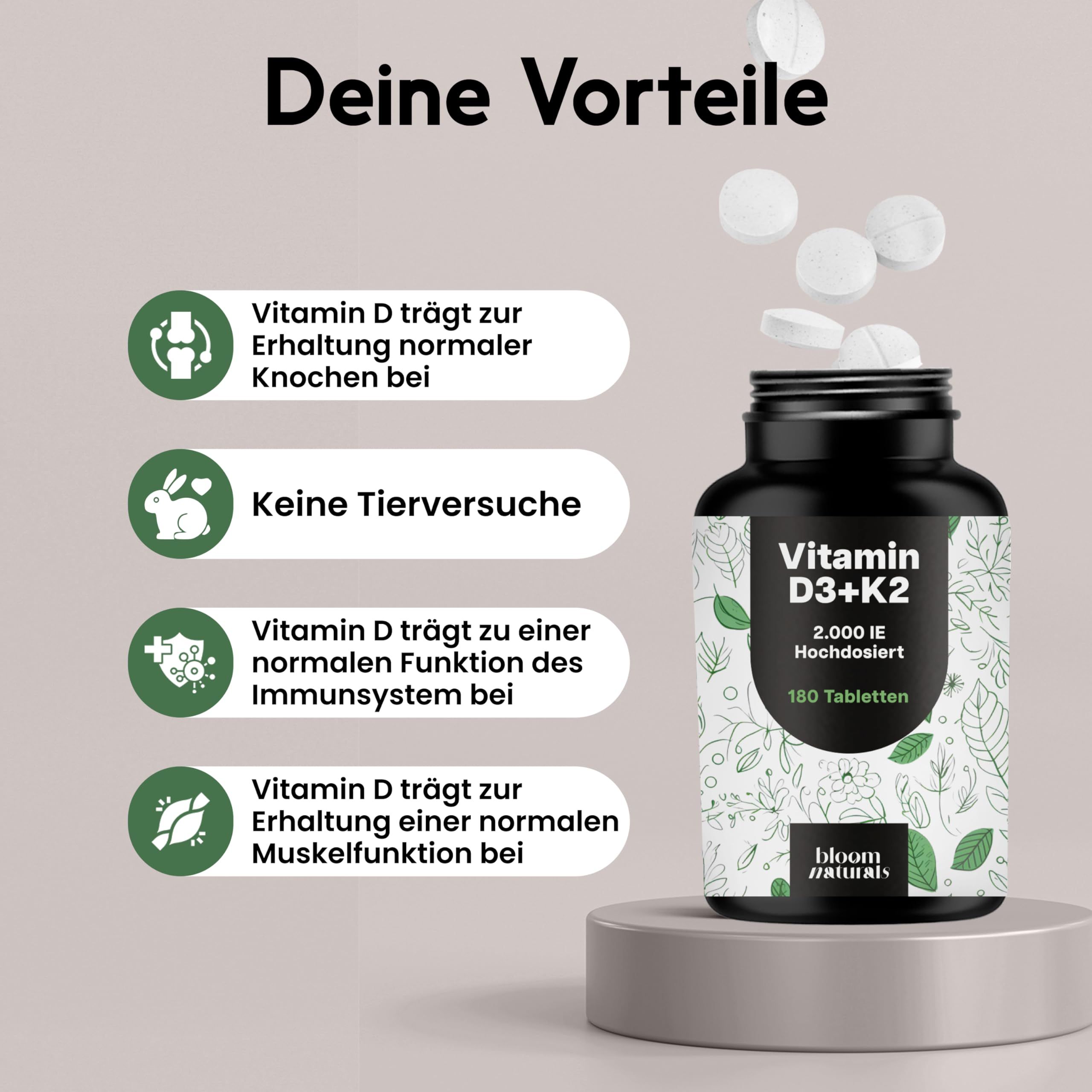 Flasche mit Tabletten, daneben Text und Icons. Text: Vitamin D trägt zur Erhaltung normaler Knochen bei, keine Tierversuche, etc.