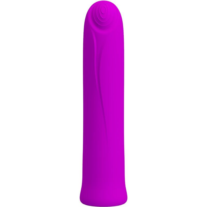 Lila Vibrator. Zylindrische Form mit geriffelter Spitze. Glatte Oberfläche.