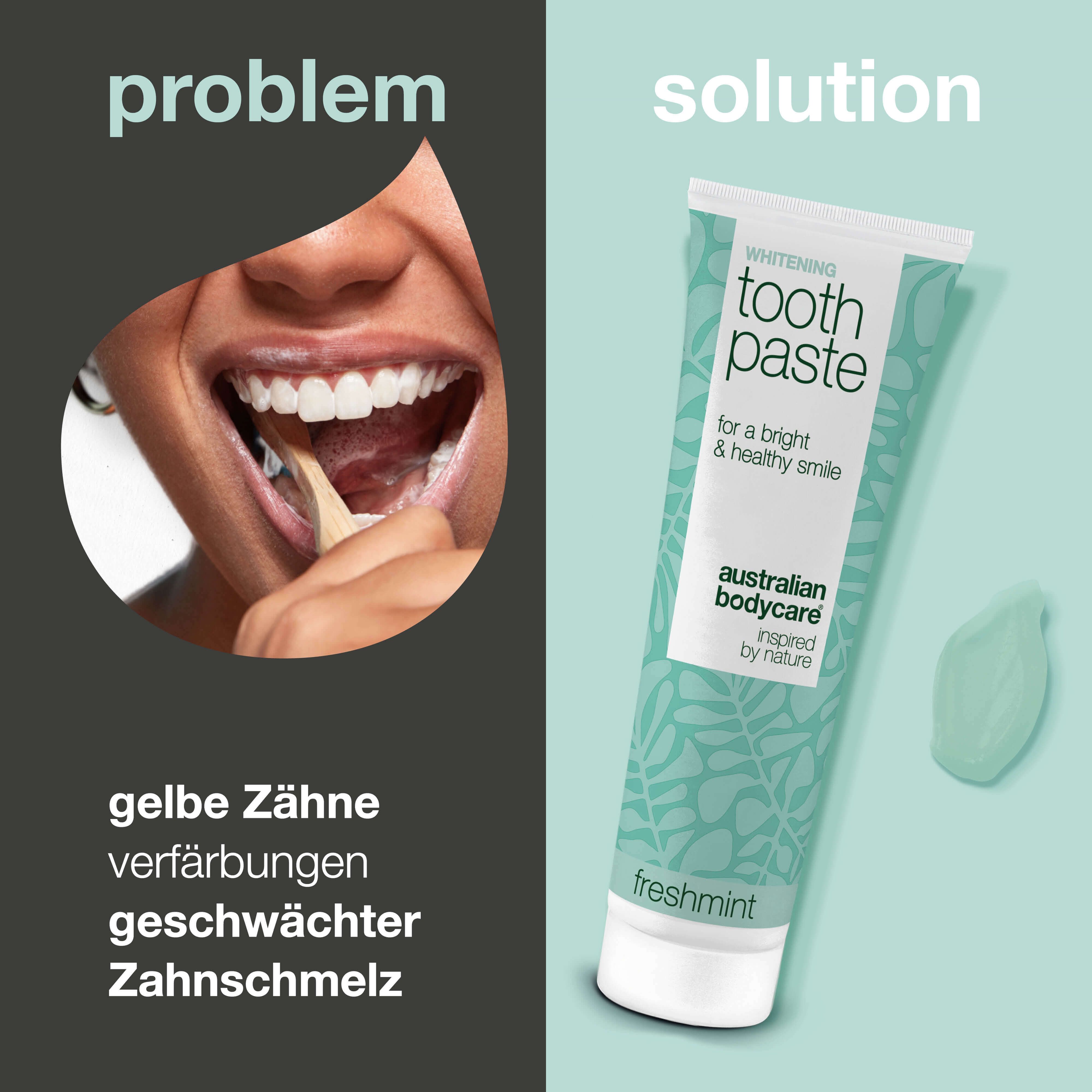 Vergleich: Gelbe Zähne vs. Zahnpasta. Zahnpasta-Tube, Text: Whitening Toothpaste, Australian Bodycare, Freshmint.