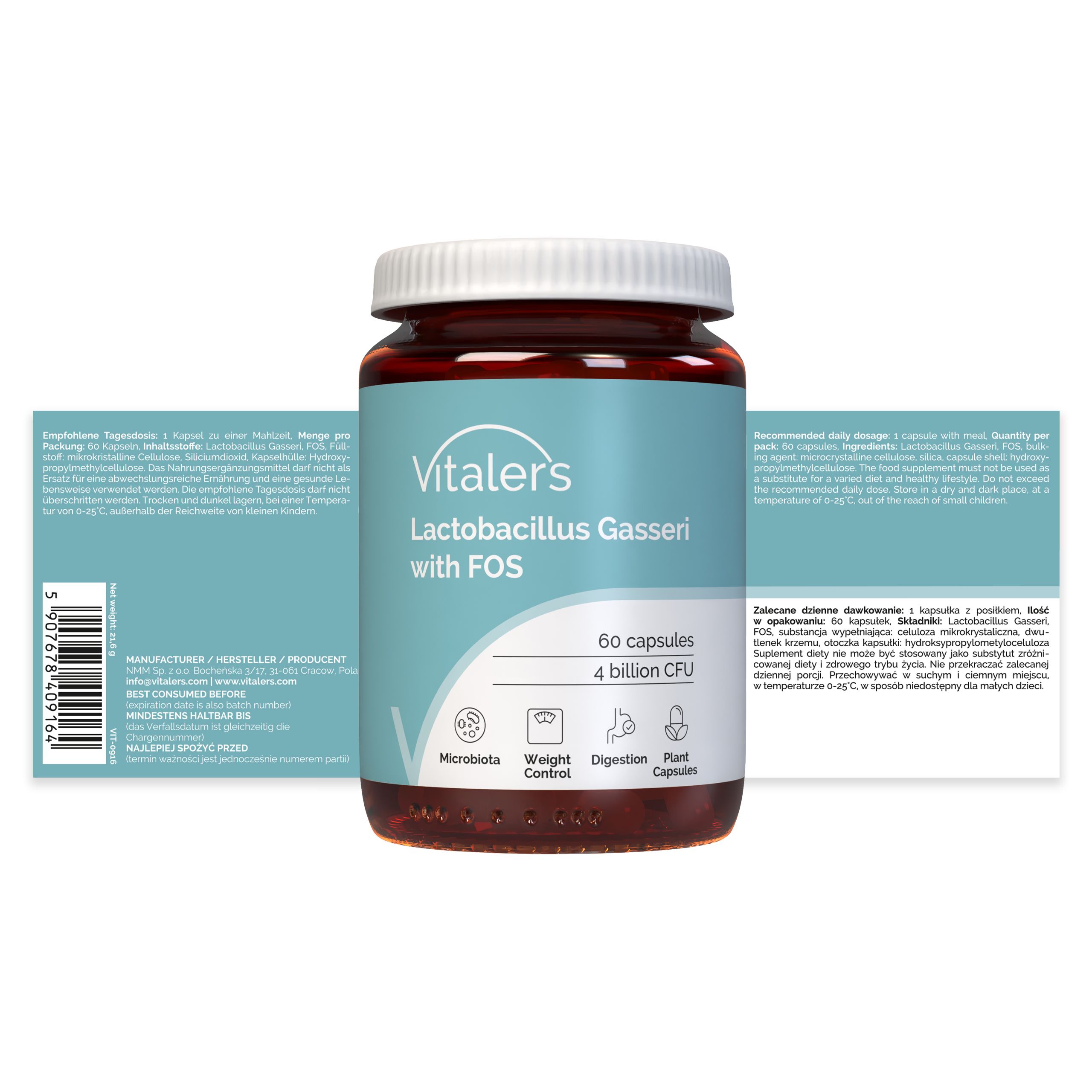 Vitaler's Lactobacillus Gasseri mit FOS: Flasche und Karton mit Produktinformationen, 60 Kapseln, 4 Milliarden KBE.
