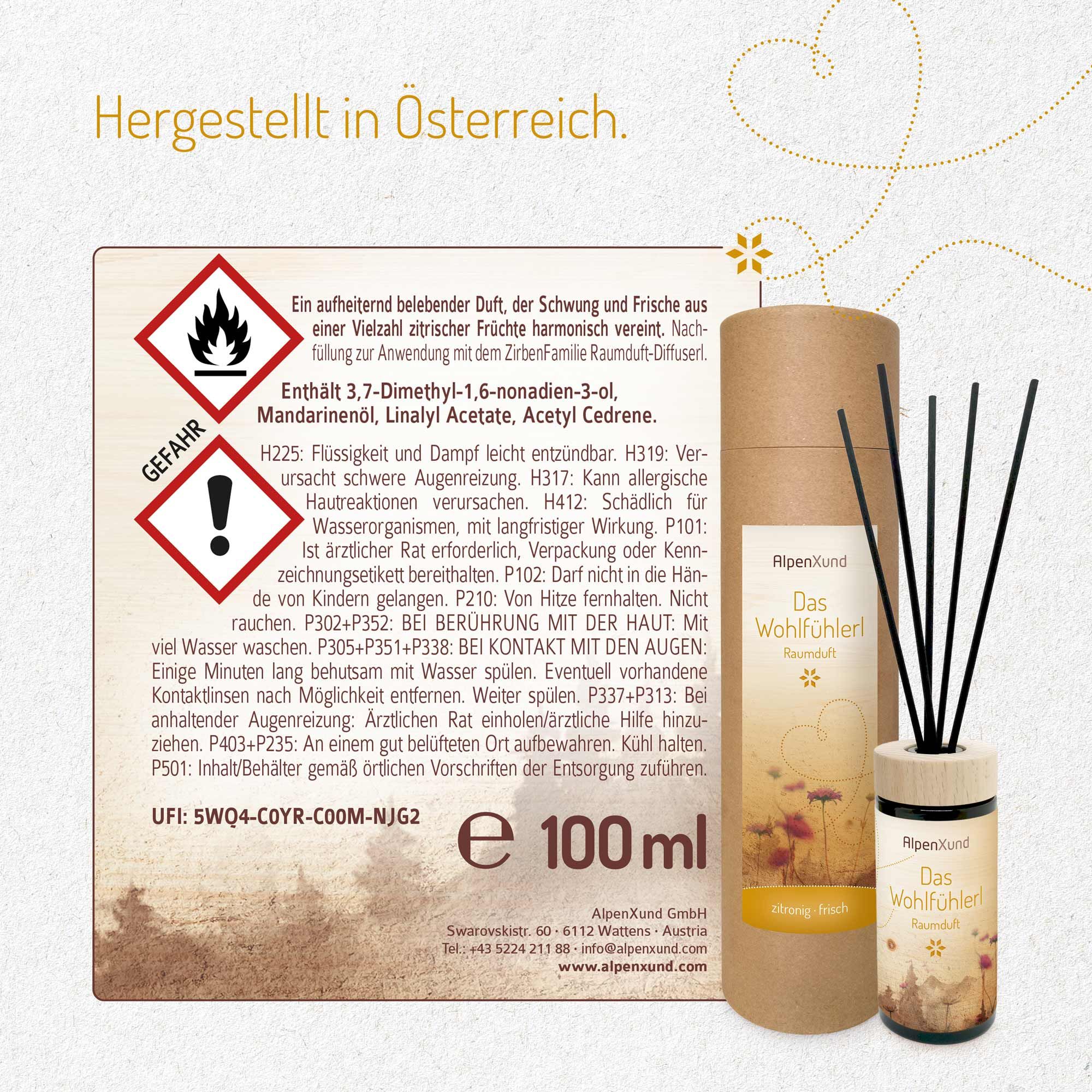 Aromadiffusor mit Stäbchen und Verpackung. Enthält Gefahrenhinweise und Inhaltsstoffe. 100 ml. Hergestellt in Österreich.