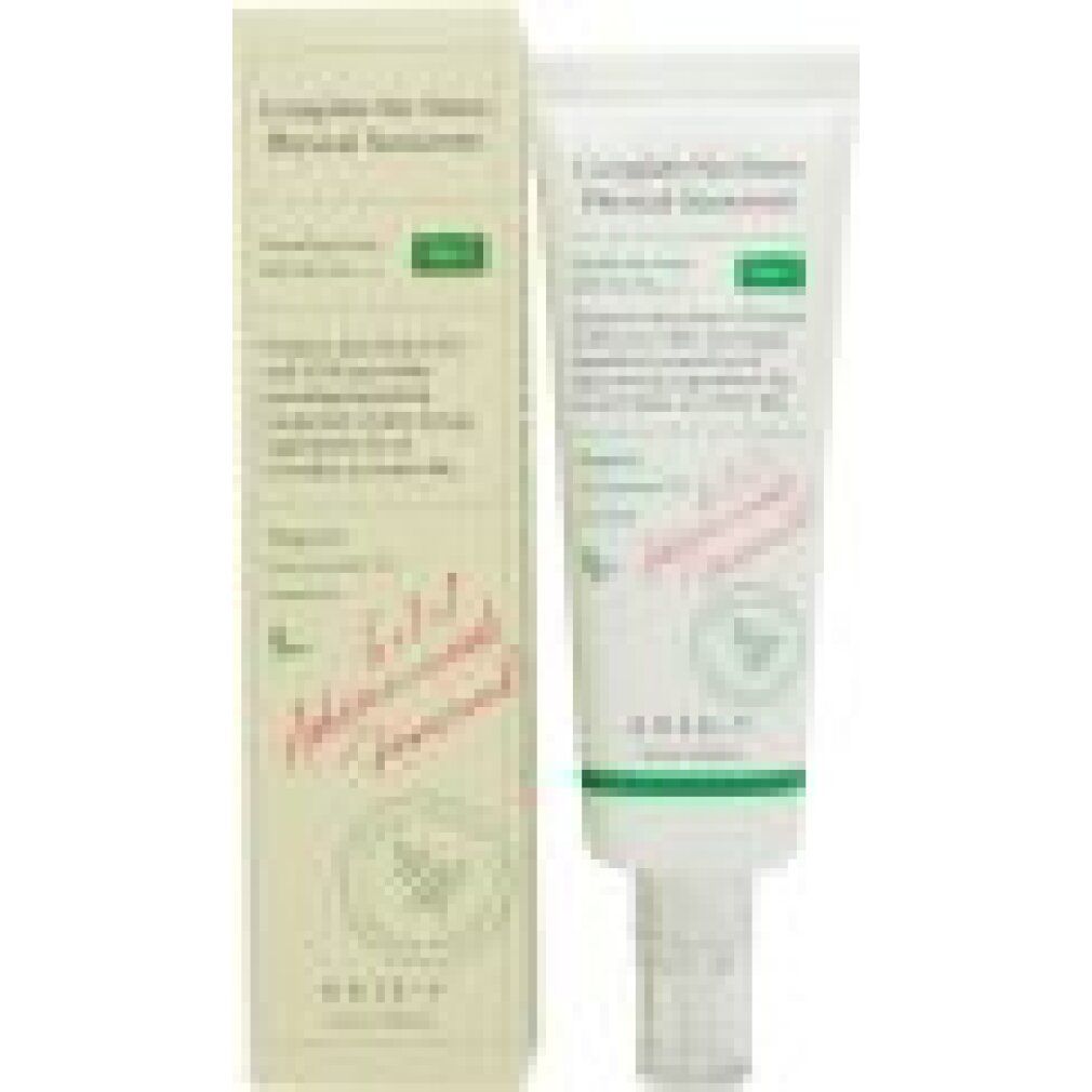 Tube Sonnencreme und Kartonverpackung. Aufschrift: Complete No-Stress Physical Sunscreen. Logo AXIS-Y.