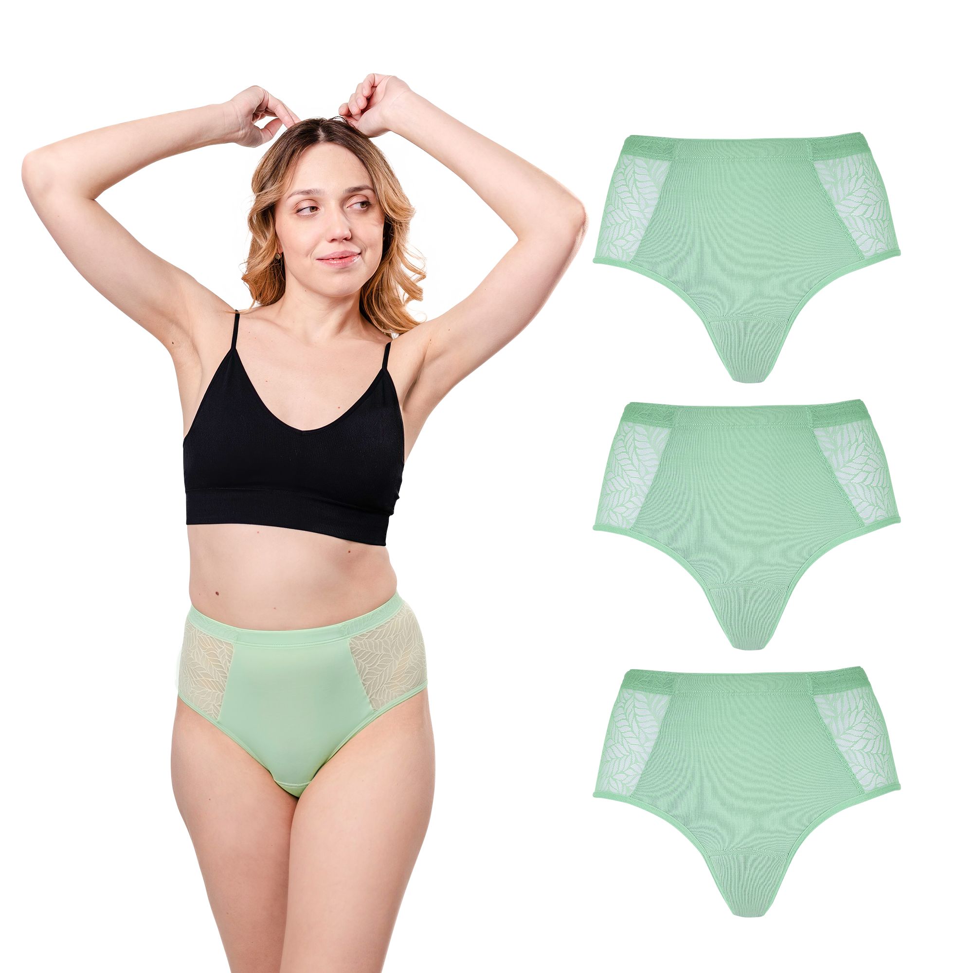 Periodenunterw�sche Recycled Lace Leaf High Waist (3er Multipack)