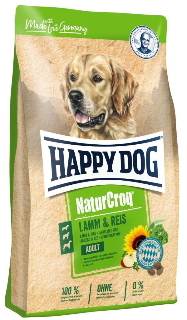 Hundefutter-Beutel mit Logo Happy Dog NaturCroq Lamm & Reis. Abbildung eines Golden Retrievers. Grün-weißes Design, Text.