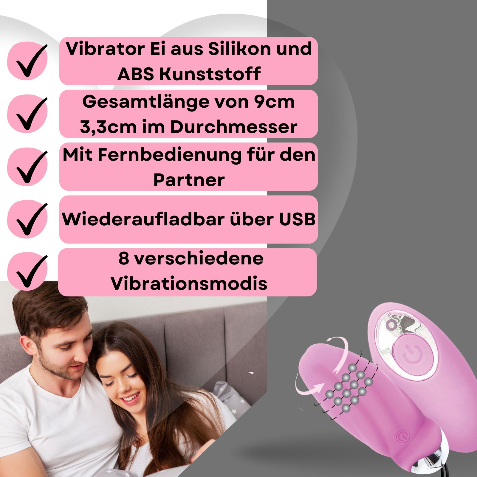 Vibrator-Ei aus Silikon und ABS. 9 cm lang, 3,3 cm Durchmesser. Mit Fernbedienung. Wiederaufladbar über USB. 8 Vibrationsmodi.