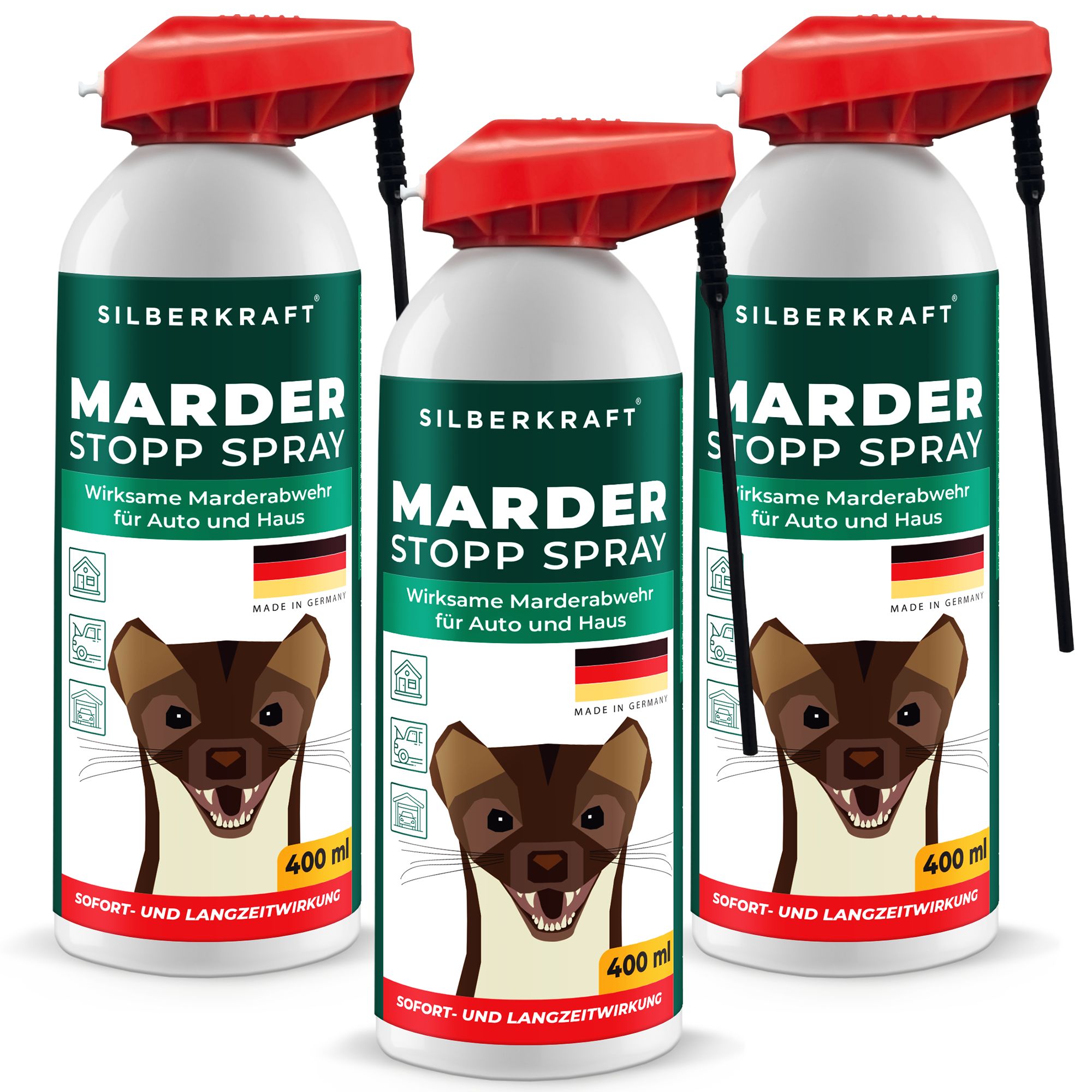 Drei Sprühflaschen mit rotem Sprühkopf. Aufschrift: SILBERKRAFT Marder Stopp Spray. Enthält ein Marder-Motiv und die Angabe 400 ml.