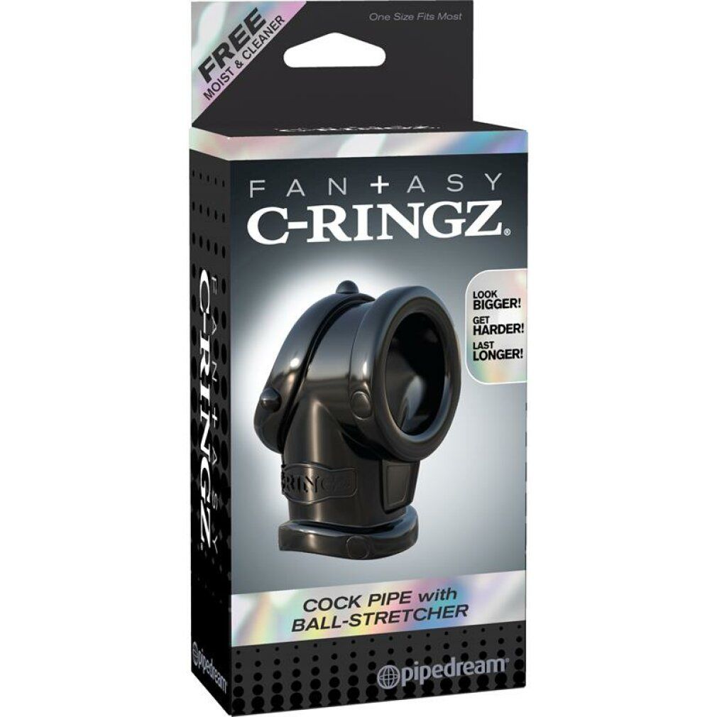 Verpackung für Penisring mit Hodenring. Schwarze Box. Text: Fantasy C-Ringz, Cock Pipe with Ball-Stretcher.