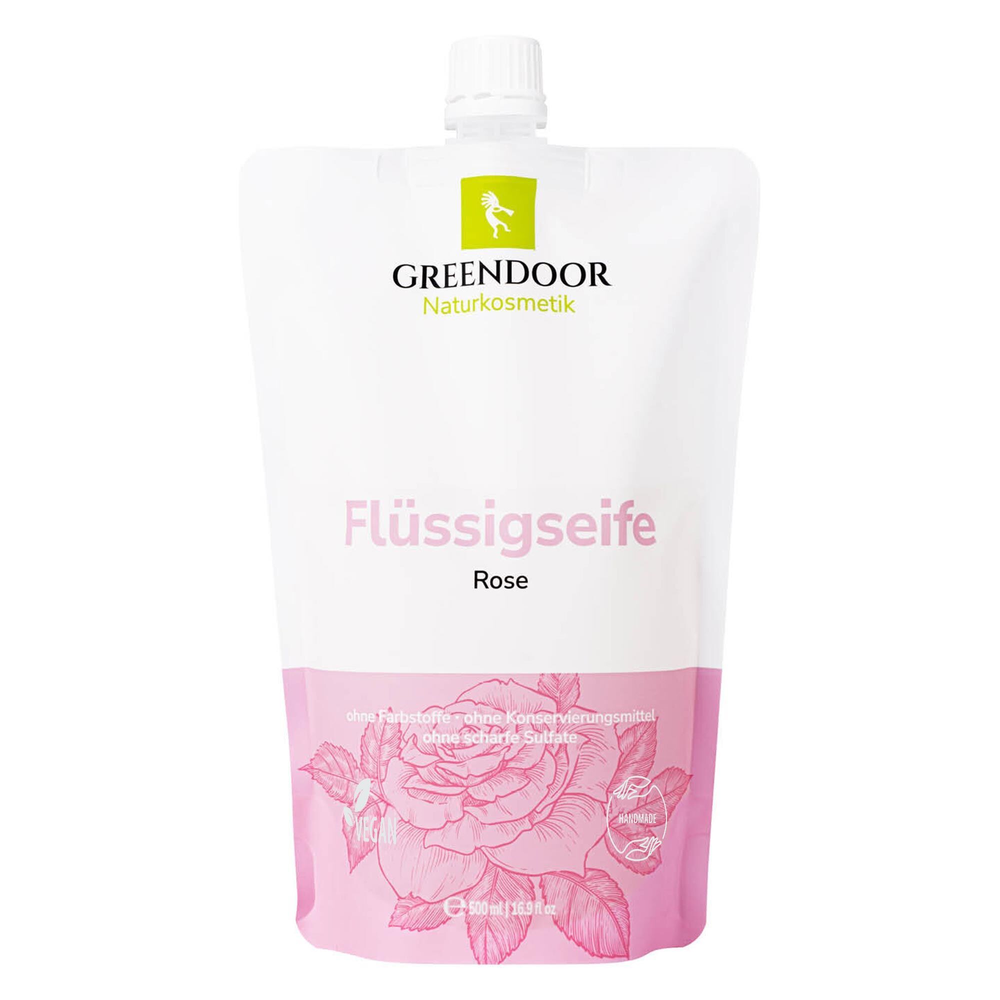GREENDOOR Flüssigseife Nachfüllpackung Rose mit Rosenmotiv.