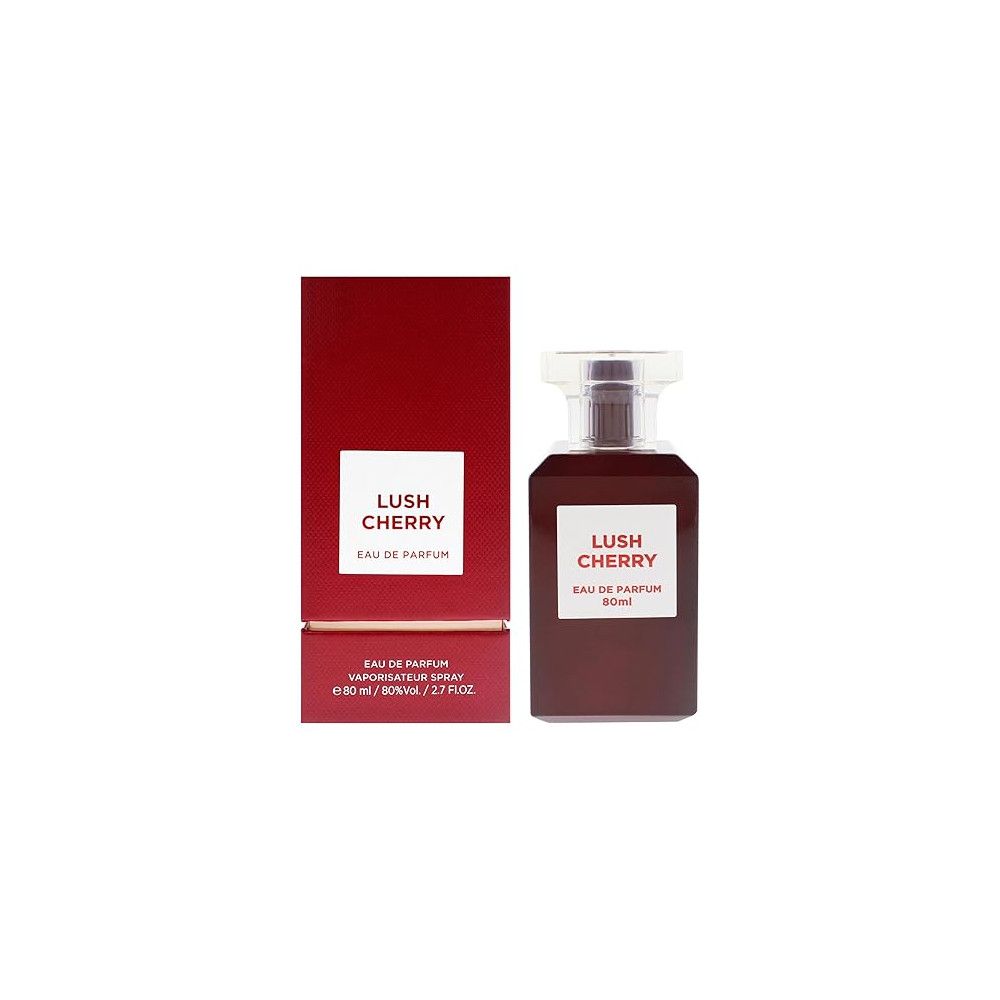 Roter Karton und Flakon. Weißes Etikett mit "Lush Cherry". Text: "Eau de Parfum".
