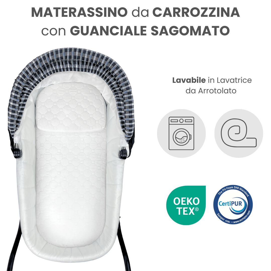 Materassino e cuscino per carrozzina. Lavabile, arrotolato. Certificazioni Oeko-Tex e CertiPUR.