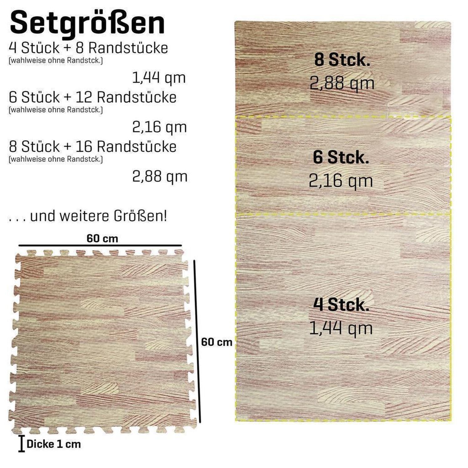 Verschiedene Größen von Puzzleteilen mit Holzoptik. Text: Setgrößen, 4 Stück + 8 Randstücke, 6 Stück + 12 Randstücke, 8 Stück + 16 Randstücke.