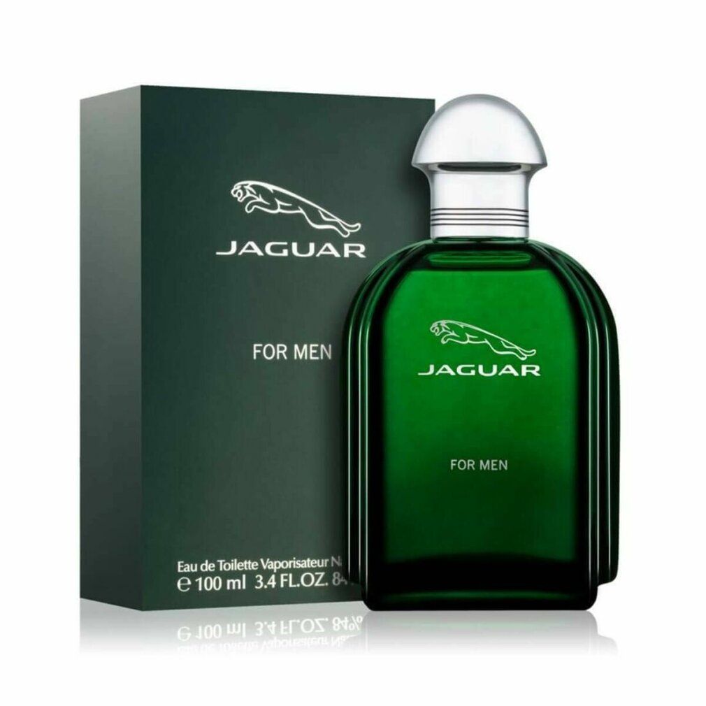 Grüne Flasche und Schachtel. Aufschrift: JAGUAR FOR MEN. Logo: springender Jaguar. Flasche mit silbernem Verschluss.