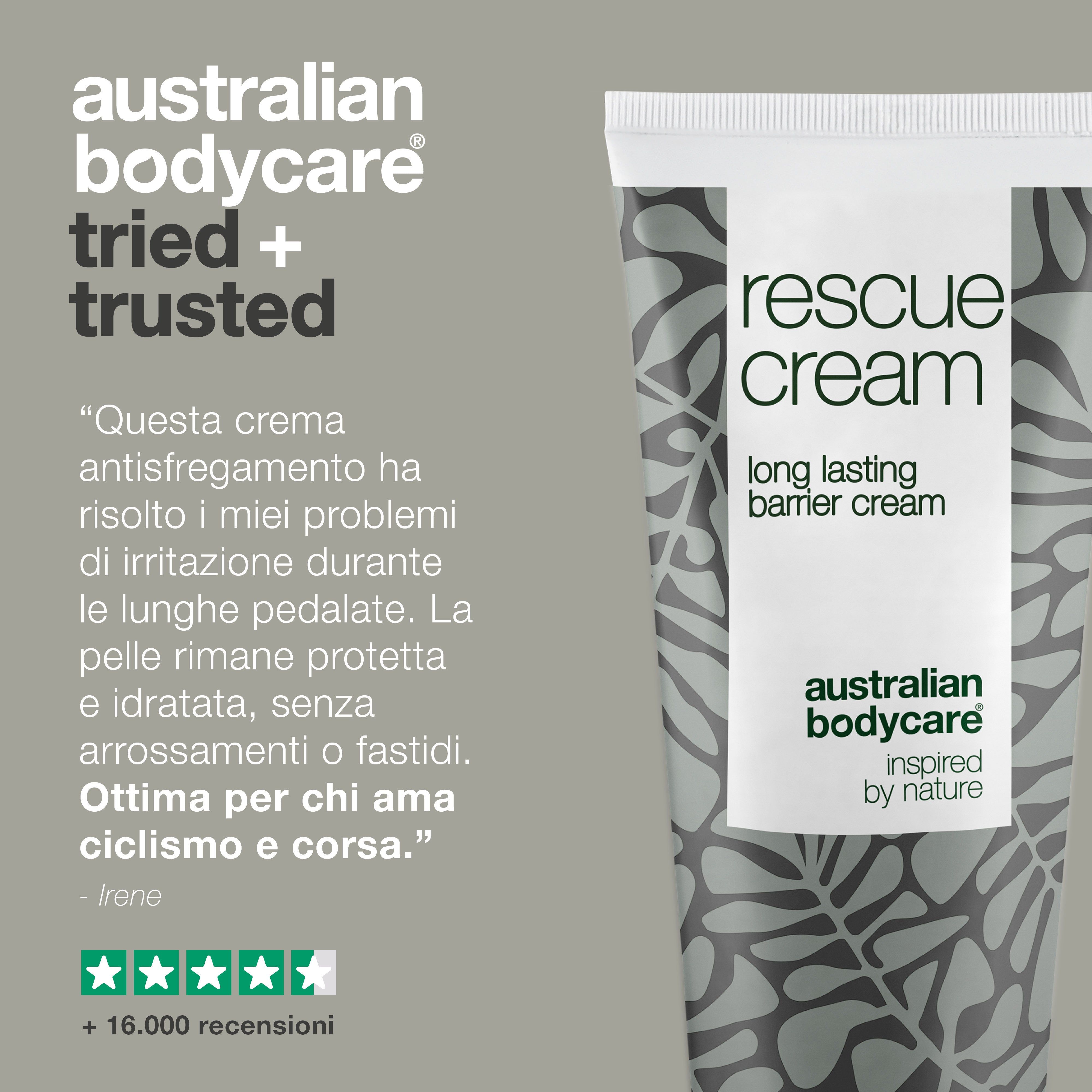 Tubo di crema e testo. Scritta: rescue cream, long lasting barrier cream. Marchio: Australian Bodycare.