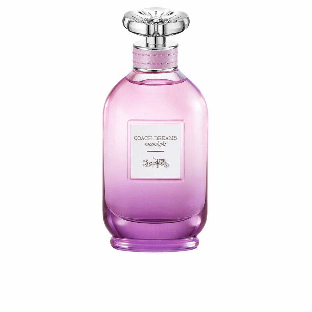 Runder Flakon, rosa-violett. Silberner Verschluss. Text: Coach Dreams Moonlight. Logo: Kutsche. Aufschrift: Eau de Parfum.