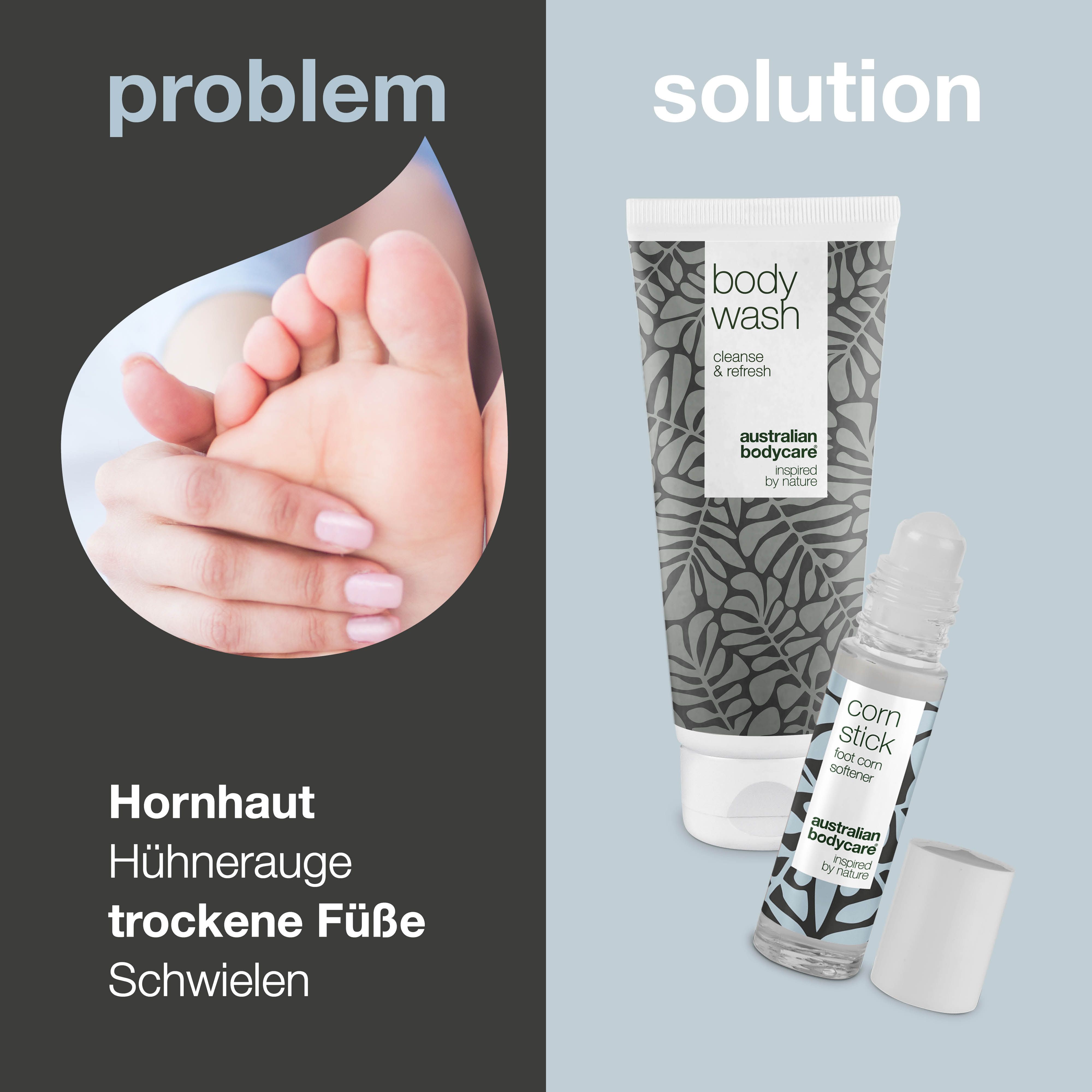 Problem-Lösung-Darstellung. Tube, Roll-on. Aufschriften: Body Wash, Corn Stick. Marke: Australian Bodycare.
