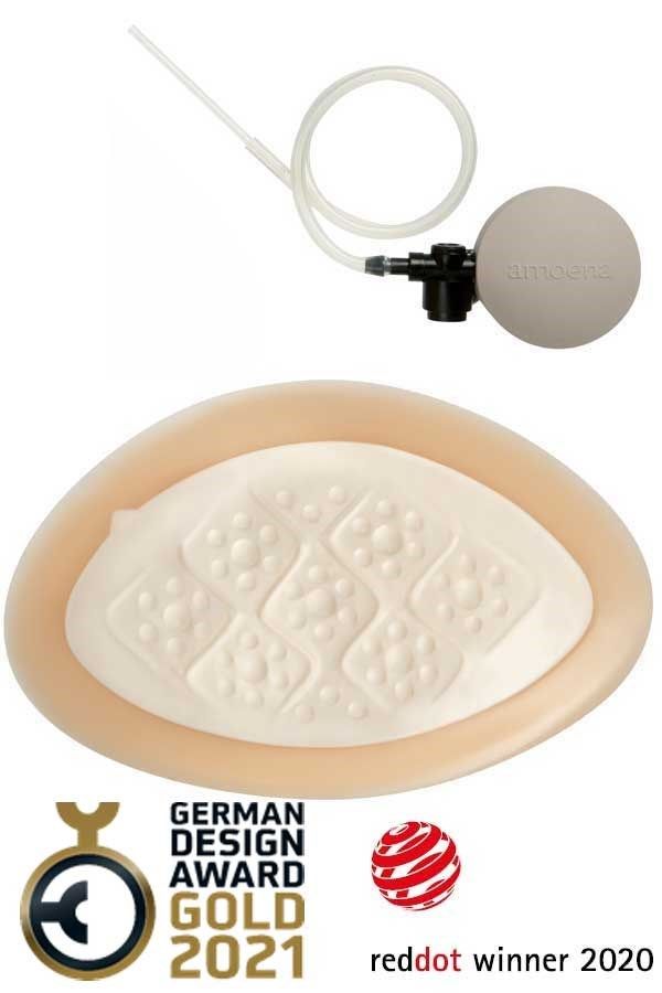 Brustprothese mit Pumpe. Elfenbein, strukturiert. Auszeichnungen: German Design Award Gold 2021, Red Dot Winner 2020.