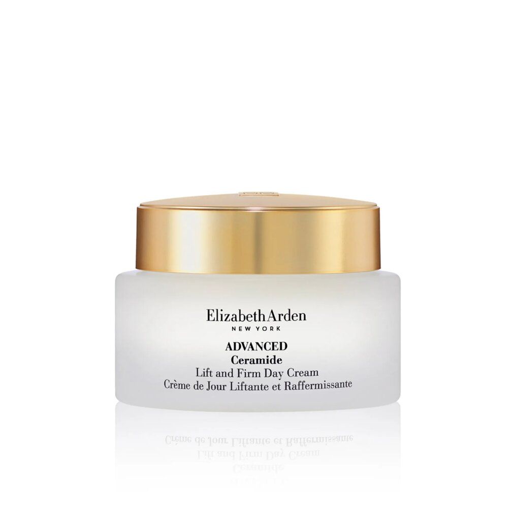 Creme-Glas mit goldenem Deckel. Elizabeth Arden Logo und Produktname. Text in Englisch und Französisch.