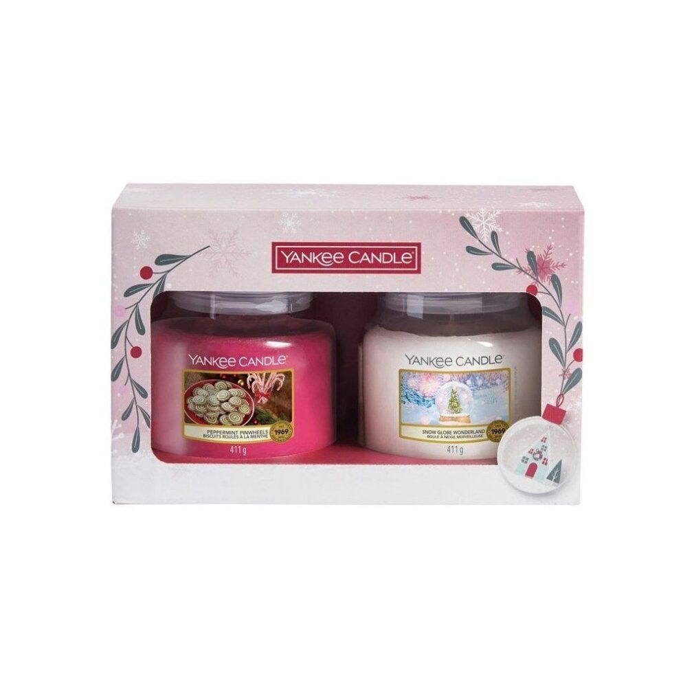 Geschenkset mit zwei Yankee Candle Gläsern. Rosa und weiß, in Geschenkbox mit Logo und Ornament. 411g.