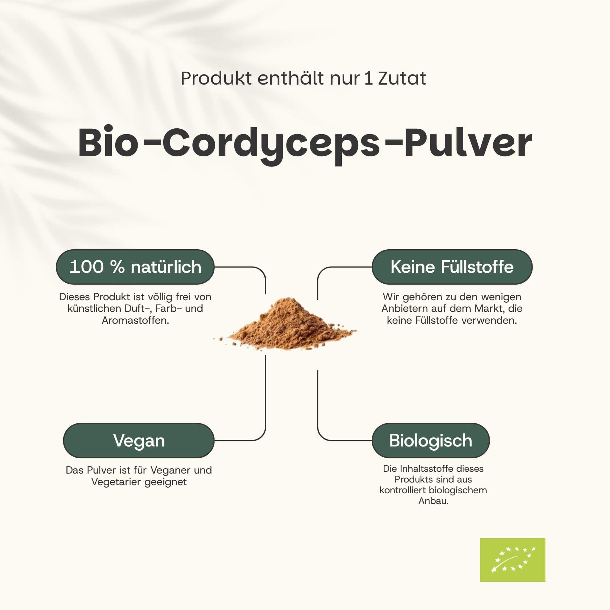 Braunes Pulver. Text: „Bio-Cordyceps-Pulver“. 100 % natürlich, ohne Füllstoffe, vegan, biologisch.