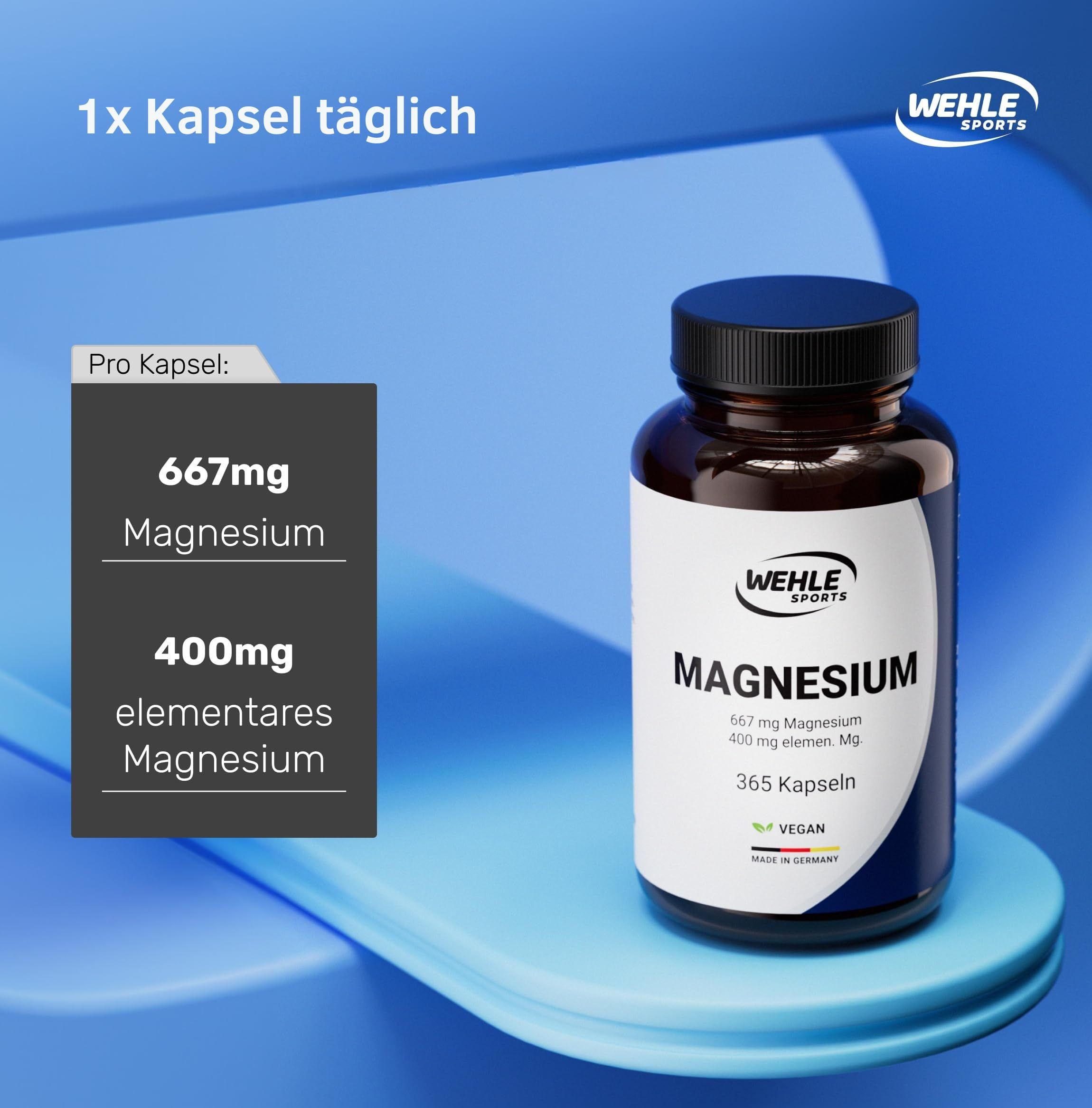 Wehle Sports Magnesium Kapsel mit 400mg elementarem Magnesium. 365 Kapseln pro Flasche.