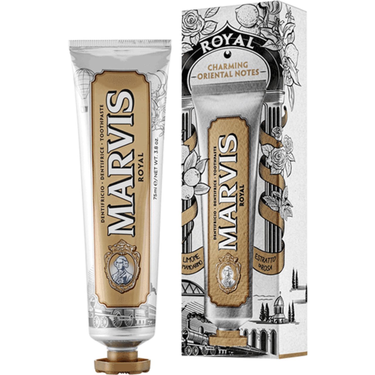 Zahnpasta-Tube und -Verpackung. Tube silberfarben mit goldfarbenem Etikett. Verpackung mit floralen Illustrationen.