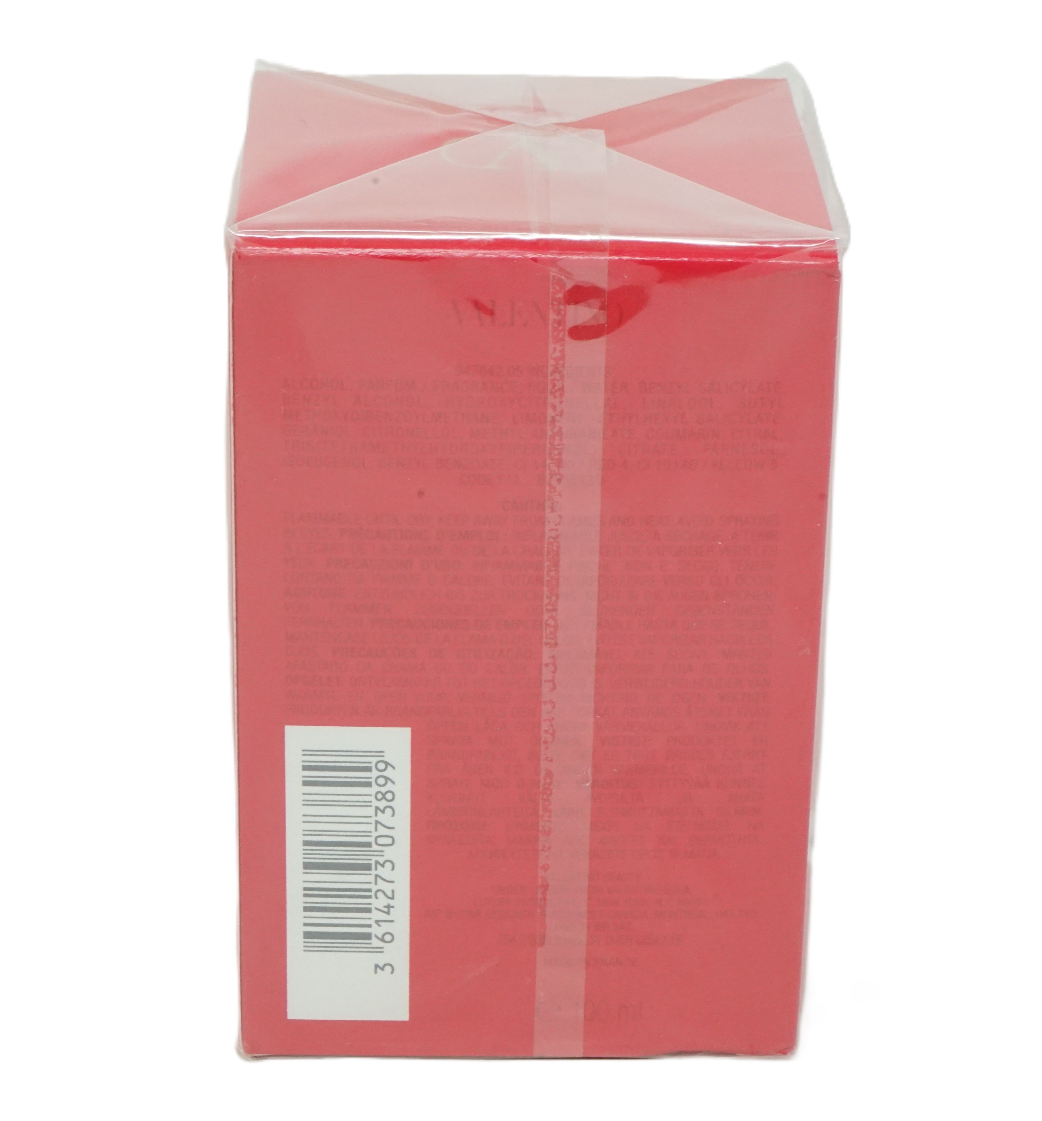 Rückseite der roten Verpackung. Barcode und Text auf rotem Hintergrund. Klare Folie.