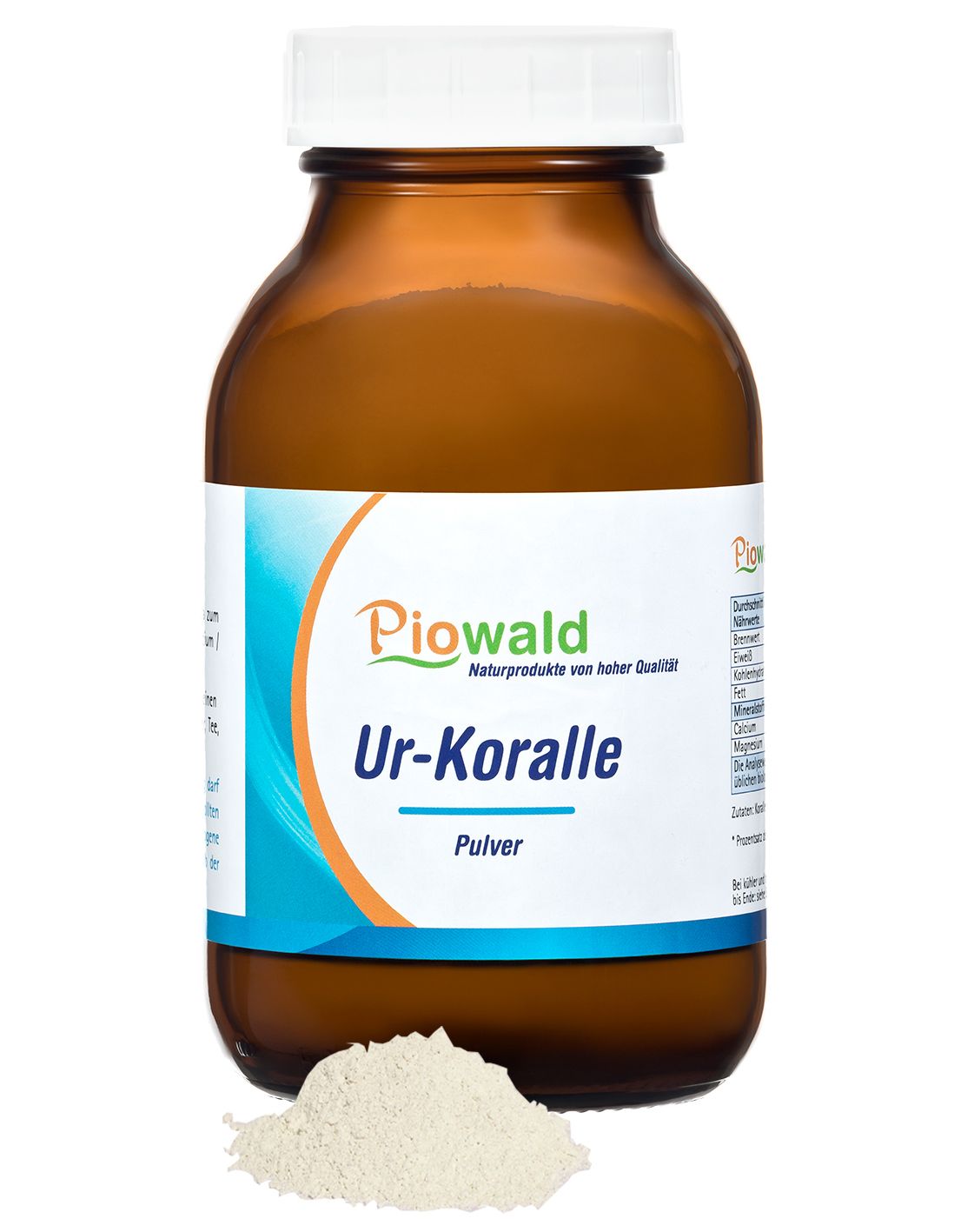 Braune Glasflasche mit weißem Deckel. Etikett mit "Piowald Ur-Koralle Pulver". Daneben eine kleine Menge Pulver.