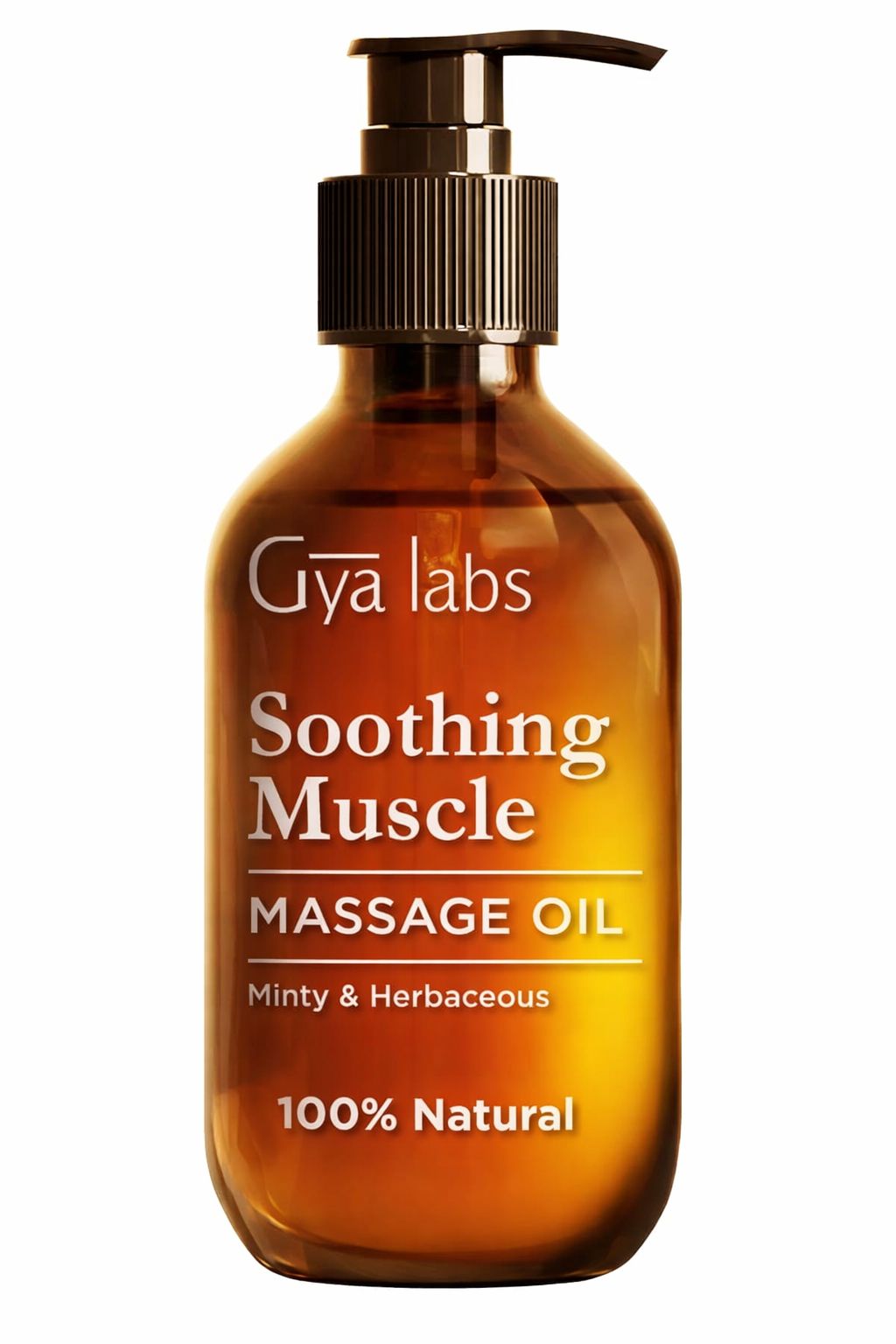 Massageölflasche. Text: Gya Labs, Soothing Muscle Massage Oil, Minty & Herbaceous, 100% Natural. Braune Glasflasche mit schwarzem Deckel.