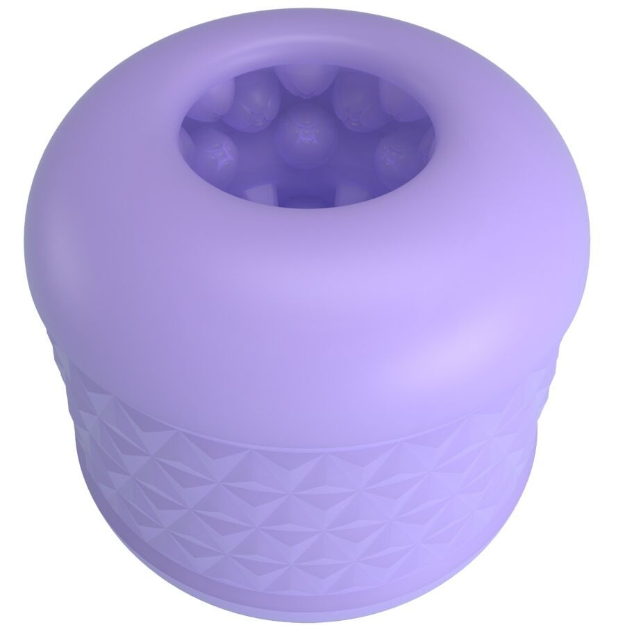 Lila Masturbator. Zylindrische Form mit geometrischem Muster. Öffnung mit erhabenen Strukturen.