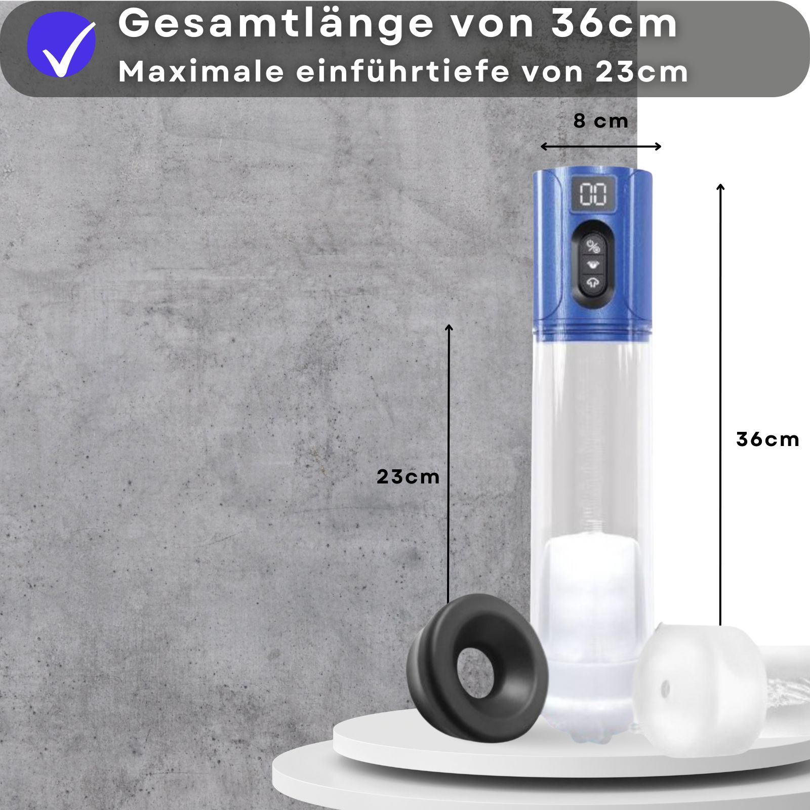 Penispumpe mit Text. Gesamtlänge 36 cm, max. 23 cm Einführtiefe. Maße: 8 cm, 23 cm, 36 cm. Blaue Spitze.