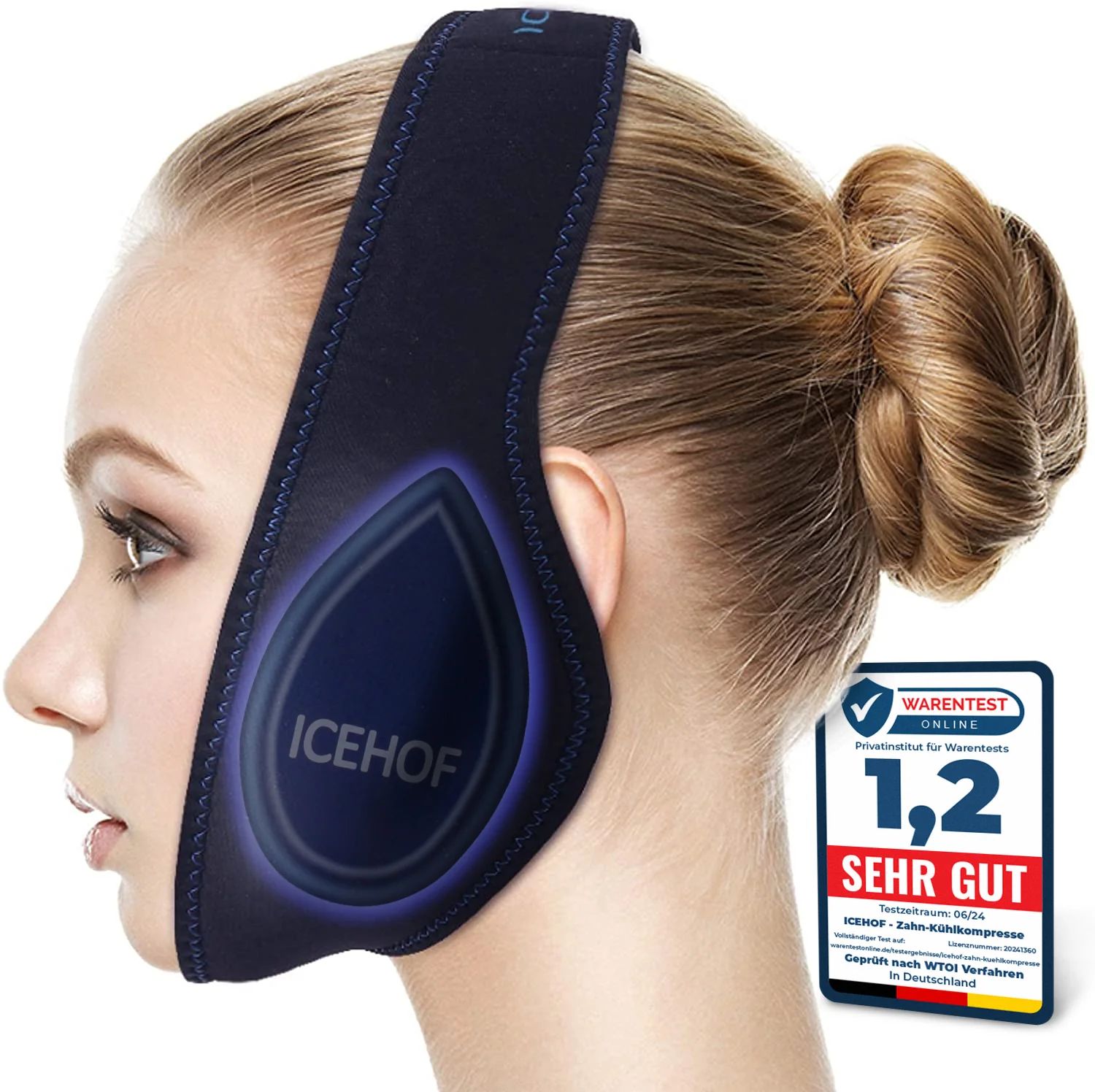 ICEHOF Kühlpad-Bandage für das Gesicht mit einem blauen Gel-Pad und Verstellmöglichkeiten.