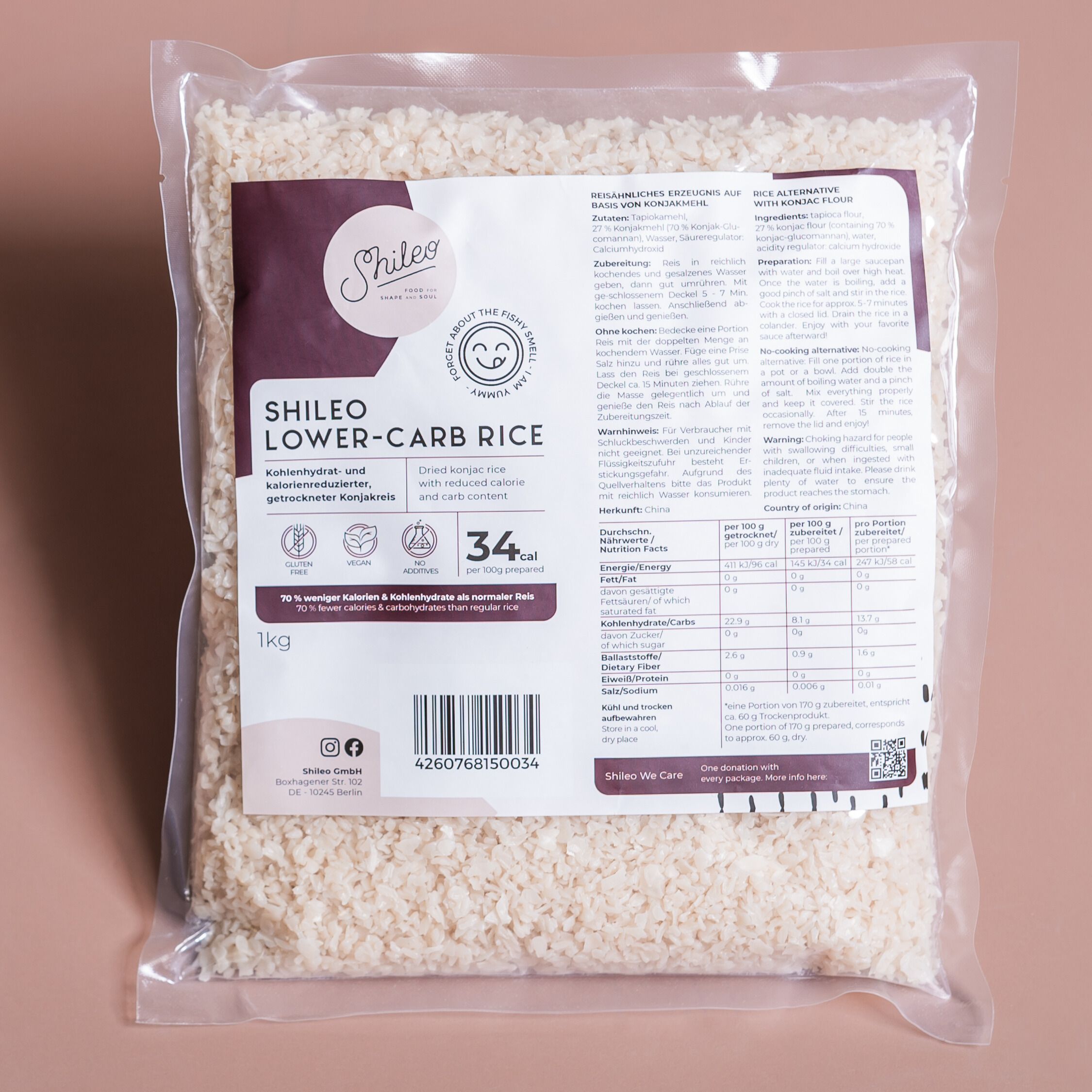 Transparente Verpackung von SHILEO Lower-Carb Reis. Enthält getrockneten Konjakreis. 1kg Packung mit Nährwertangaben.