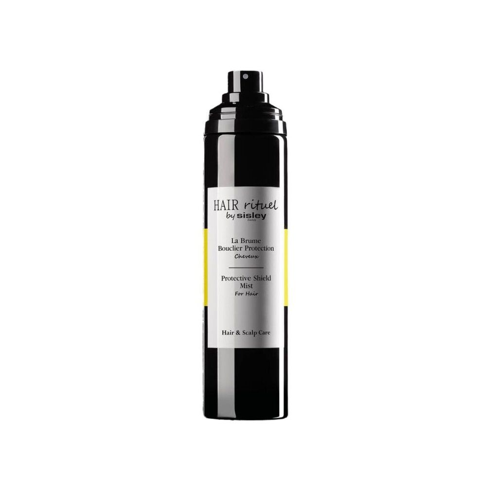 Schwarze Sprühflasche mit gelbem Streifen. Aufschrift: HAIR rituel by sisley, La Brume Bouclier Protection, Protective Shield Mist.