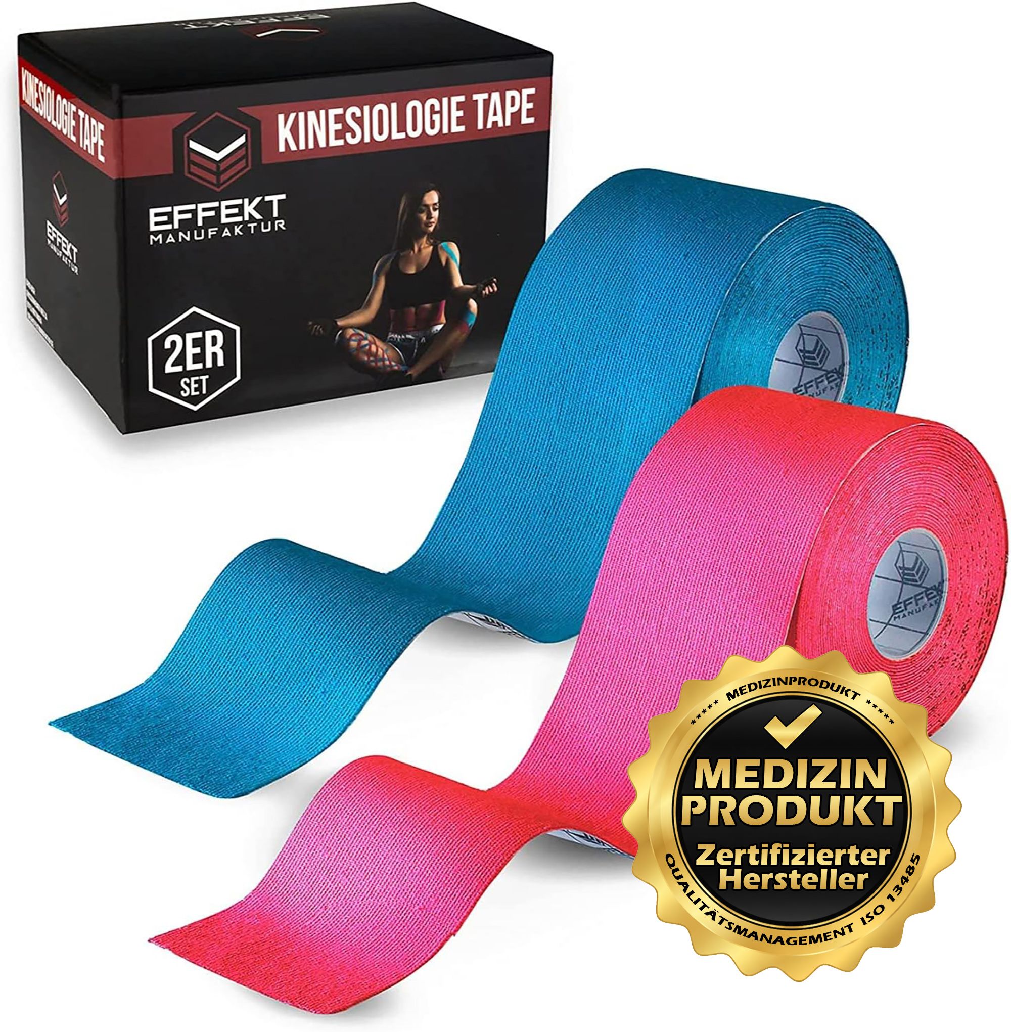Kinesiologie Tape, blau und pink. 2er Set. Medizinprodukt. Zertifizierter Hersteller.