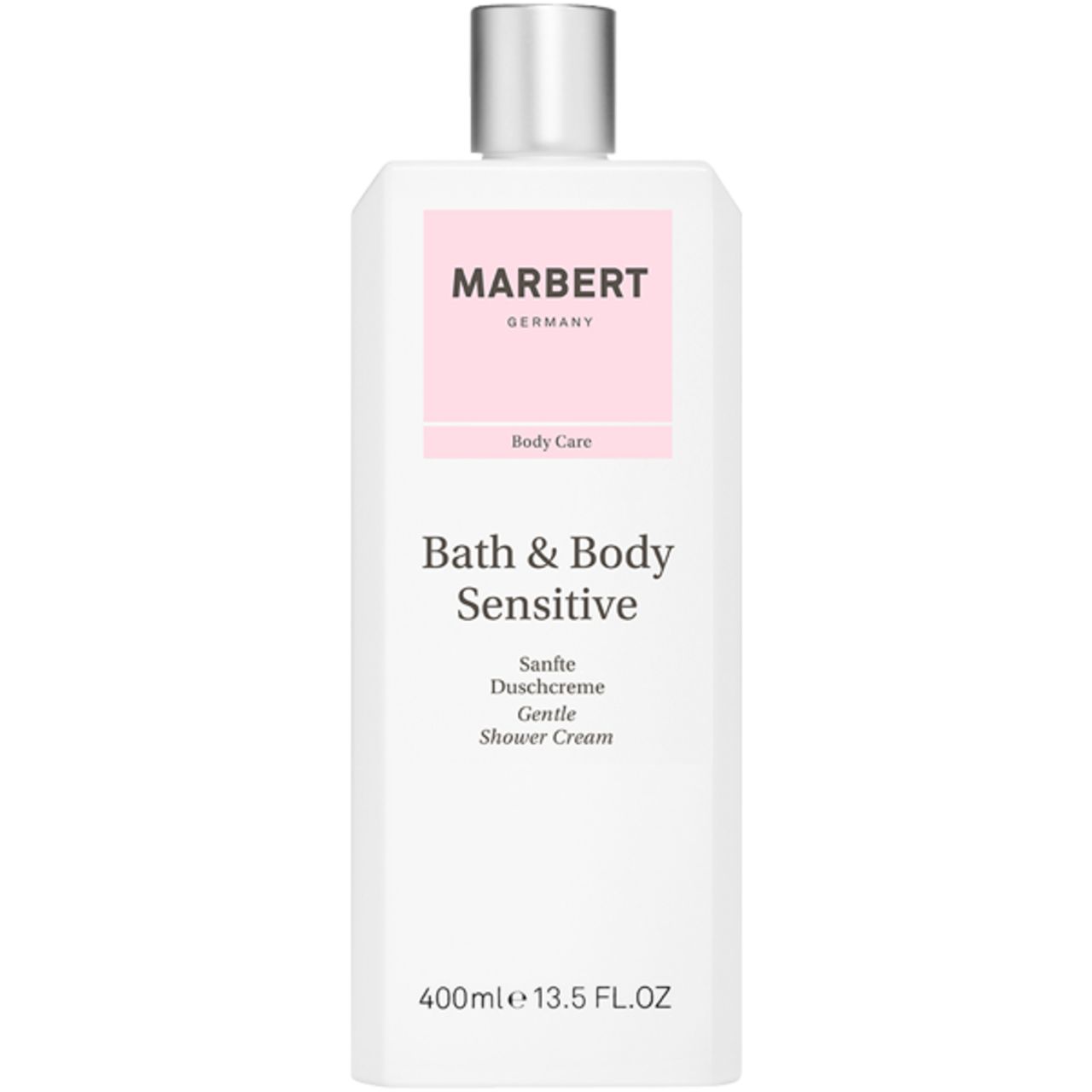 Weißer Flakon mit silbernem Deckel. Rosa Etikett mit "MARBERT GERMANY" und "Bath & Body Sensitive". Text: "Sanfte Duschcreme, Gentle Shower Cream".