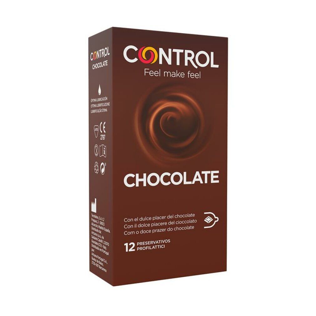 Braune Schachtel "CONTROL Chocolate". 12 Kondome. Schokoladenwirbel-Abbildung. CE-Kennzeichnung.
