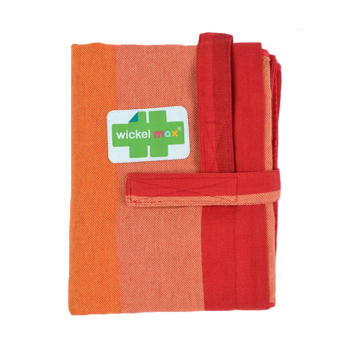 Wickelmax Windeltaschen Organizer, gefaltet. Orange, rot gestreift. Mit Wickelmax-Logo. Roter Verschlussriemen.