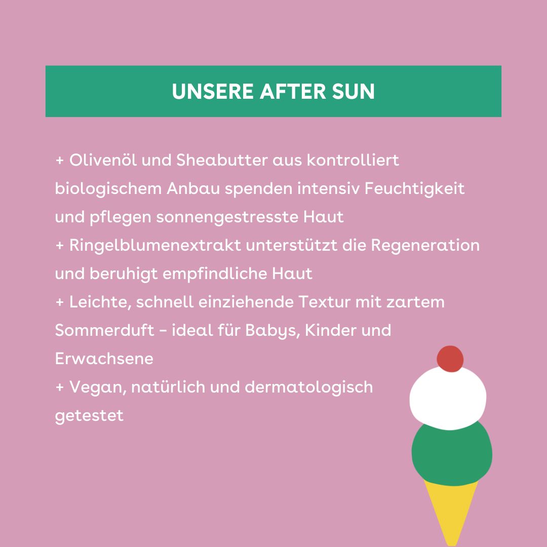 Rosa Hintergrund mit Text: "Unsere After Sun", Aufzählung von Inhaltsstoffen und Eigenschaften. Eiscreme-Illustration.