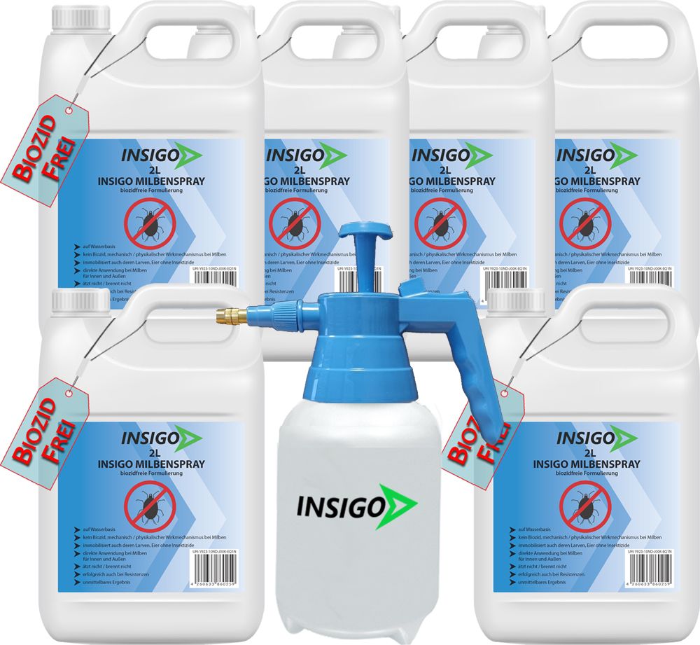 Sechs 2L-Kanister INSIGO Milbenspray mit einem Sprühgerät.