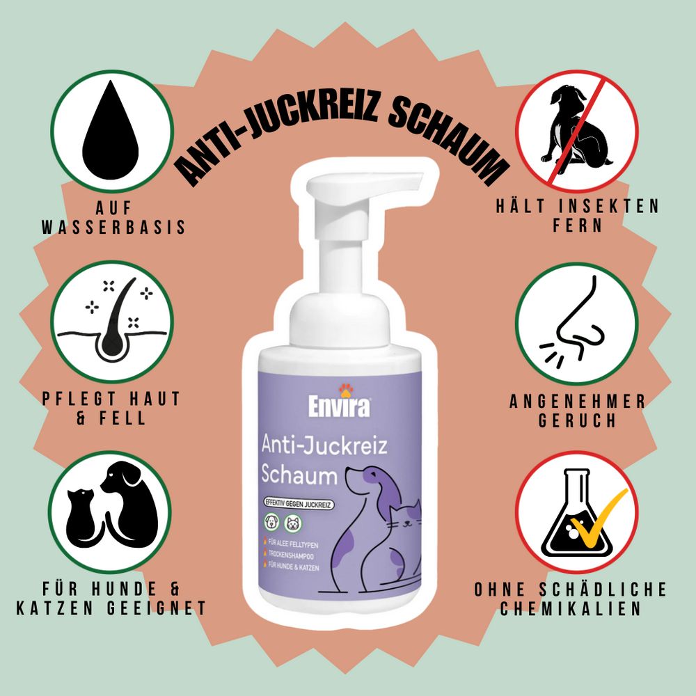 Flacon ENVIRA Anti-Juckreiz Schaum entouré d'icônes: base aqueuse, soin du pelage, chiens & chats, répulsif insectes, parfum agréable, sans produits chimiques.