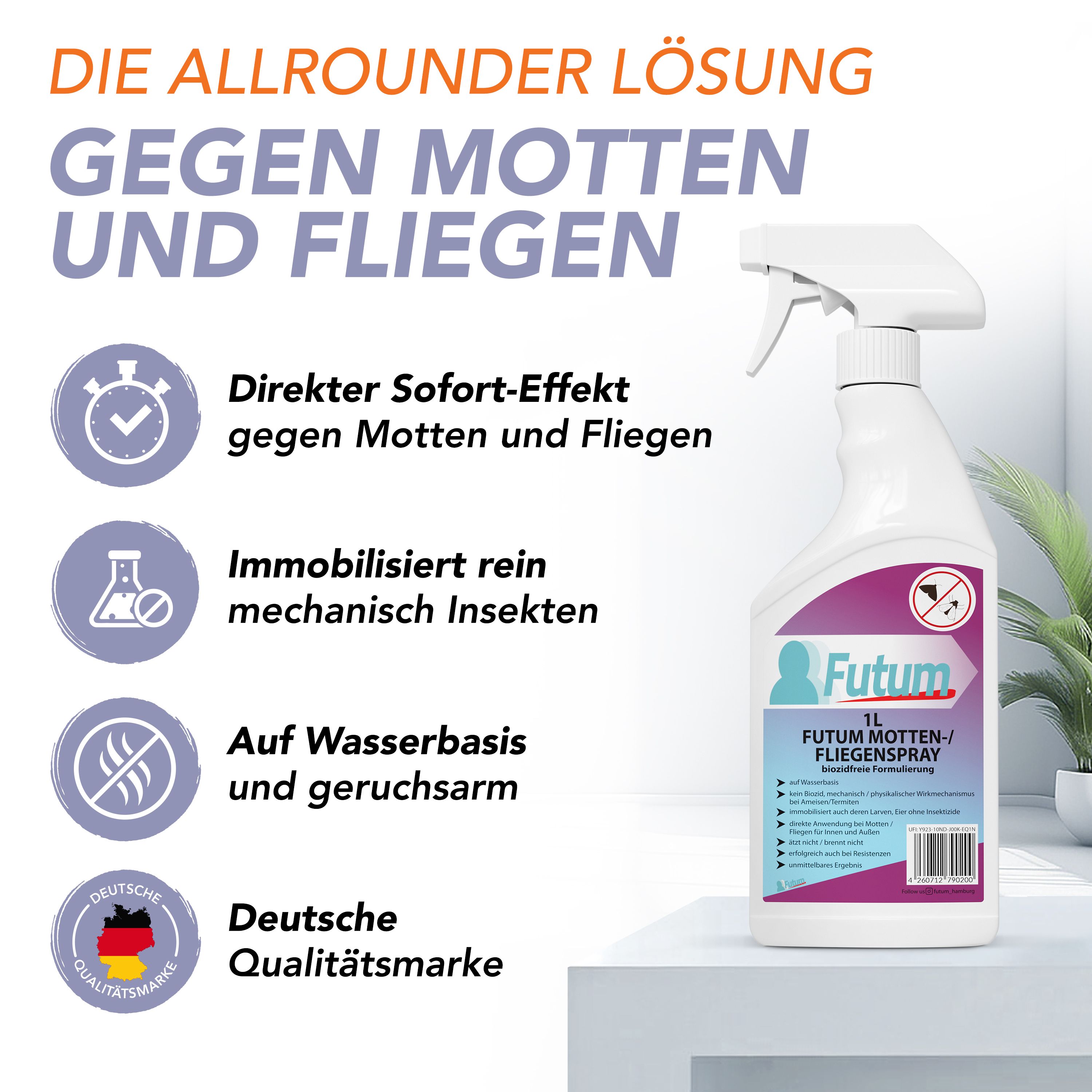 Werbebild mit Sprühflasche. Text: DIE ALLROUNDER LÖSUNG GEGEN MOTTEN UND FLIEGEN. Logos und Icons.