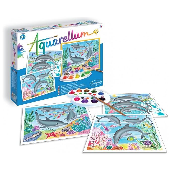 Set di pittura Aquarellum con motivi di delfini. Include tavole da colorare, colori, pennello e tavolozza. Confezione con nome e età.