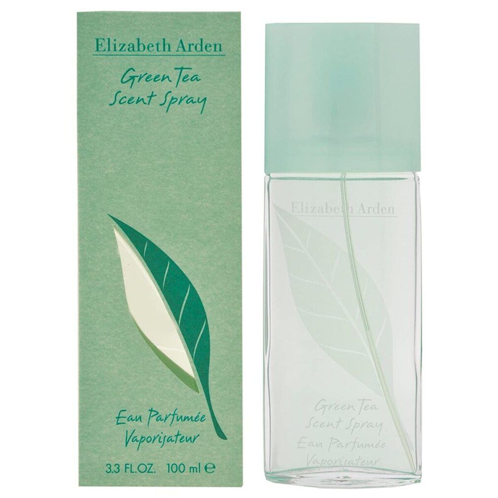 Elizabeth Arden Green Tea Scent Spray Flakon und Verpackung. Flakon mit grünem Deckel. Blatt-Logo. Text: Eau Parfumée Vaporisateur.