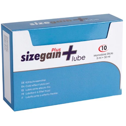 Packung mit 10 Monodosen 'Sizegain Plus Lube' mit Kühleffekt.
