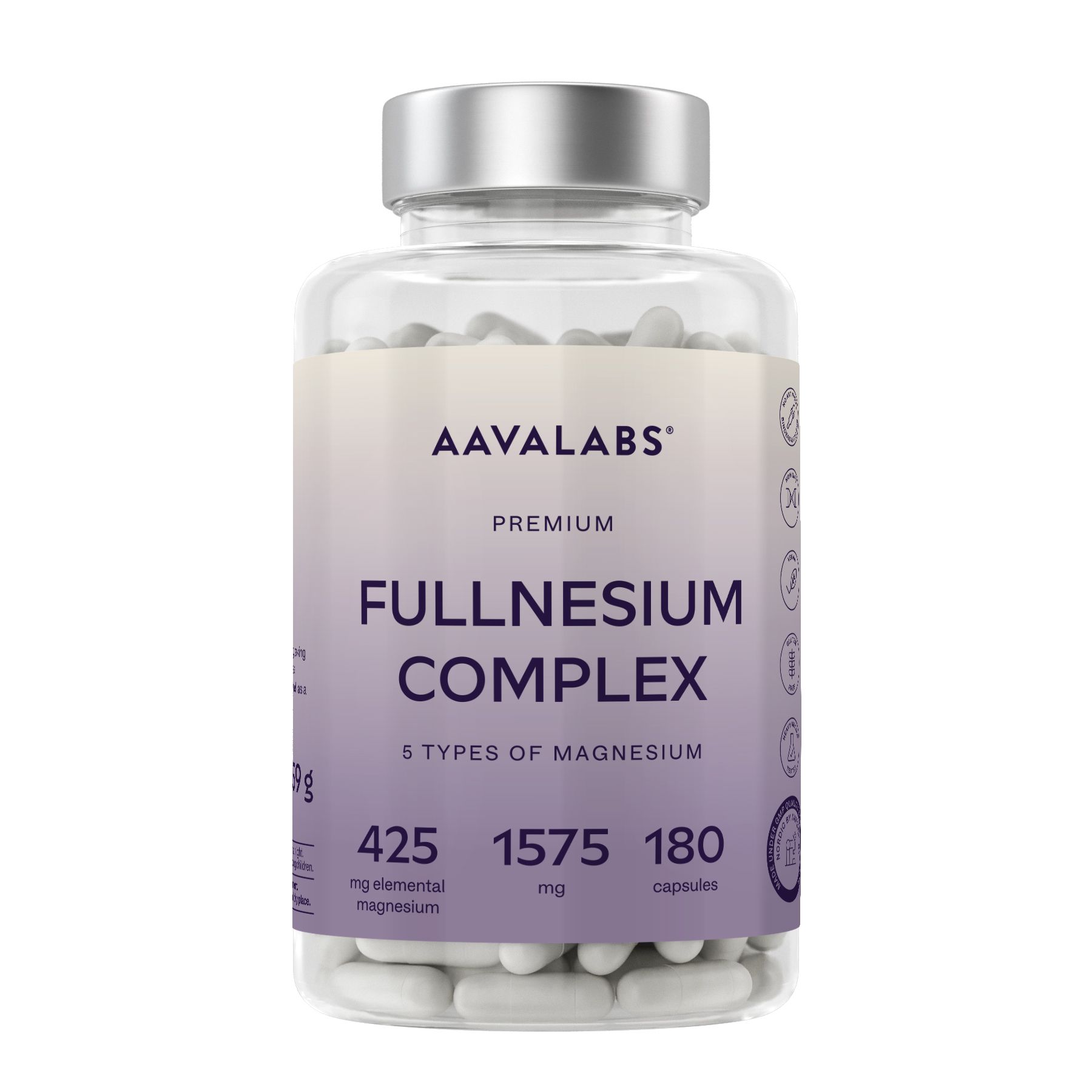 Aavalabs Fullnesium Komplex. Kapseln in einer transparenten Flasche. 425 mg elementares Magnesium, 180 Kapseln.