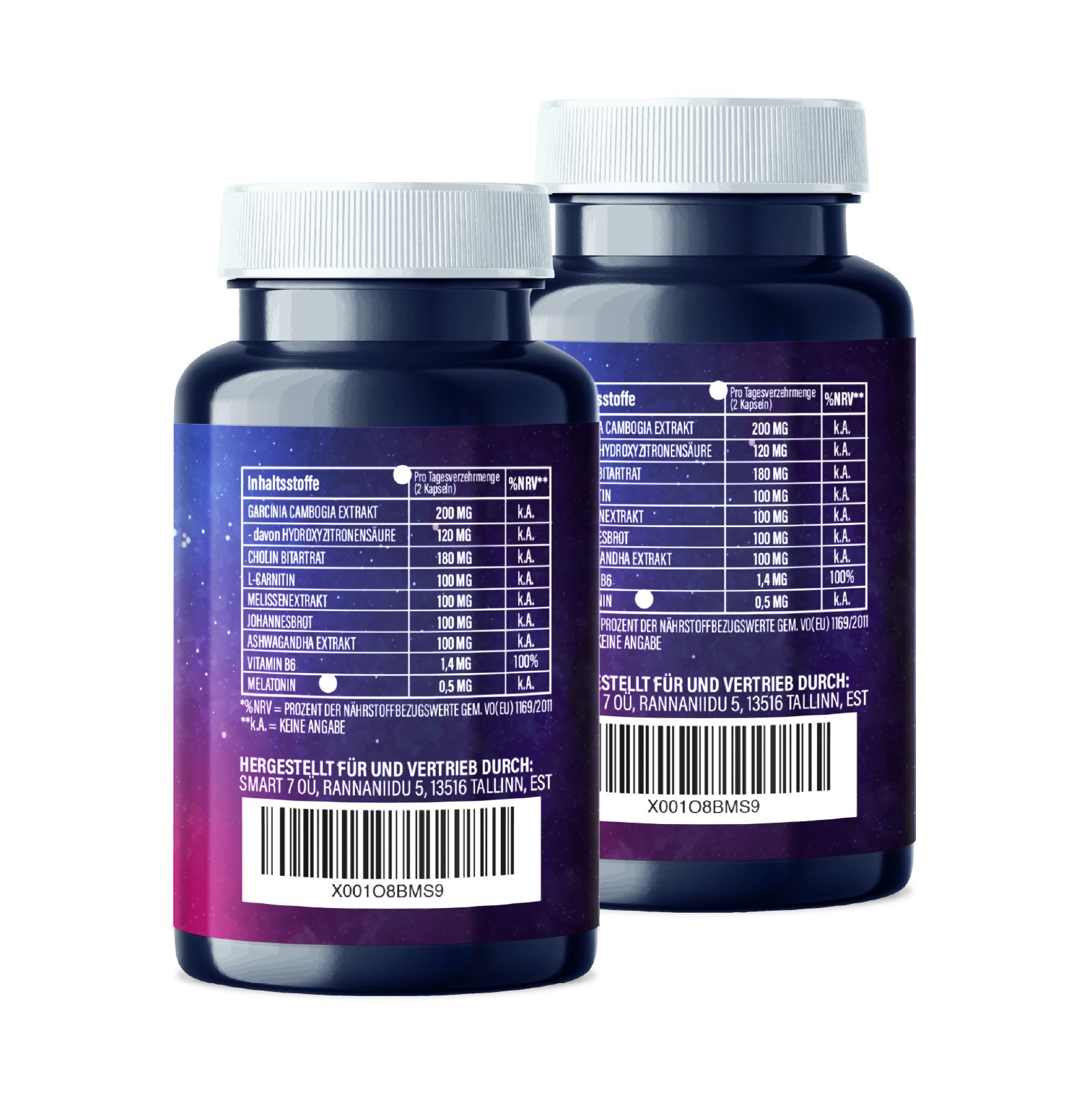 Zwei Flaschen Keto Night Burn. Rückseite mit Inhaltsstoffen und Nährwertangaben. Blaue Flaschen mit weißem Deckel.