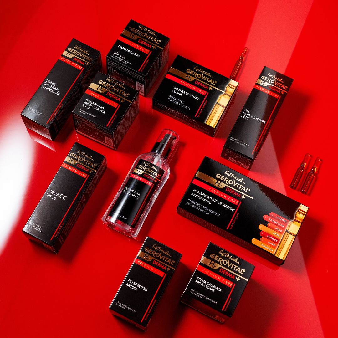 Mehrere Produkte: Tiegel, Flaschen, Kartons. Aufschrift: Gerovital H3 Derma+, Premium Care. Roter Hintergrund.